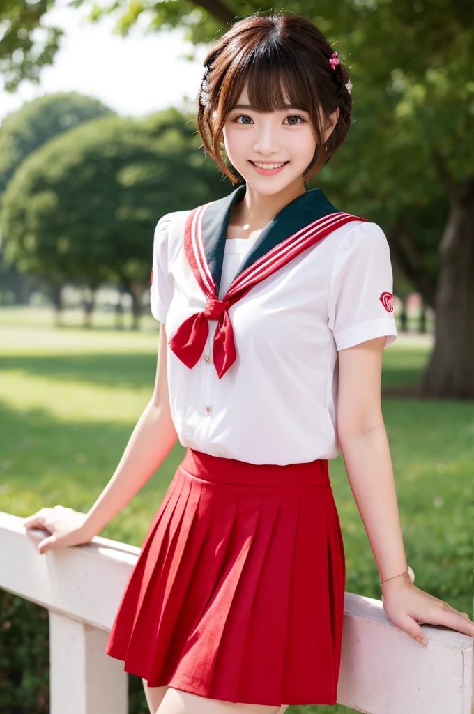 top-quality、​masterpiece、hight resolution、4K、real 18 year old woman、Red sailor suit、Pleated mini-skirt　a park、a smile、Shorthair、1girl in、