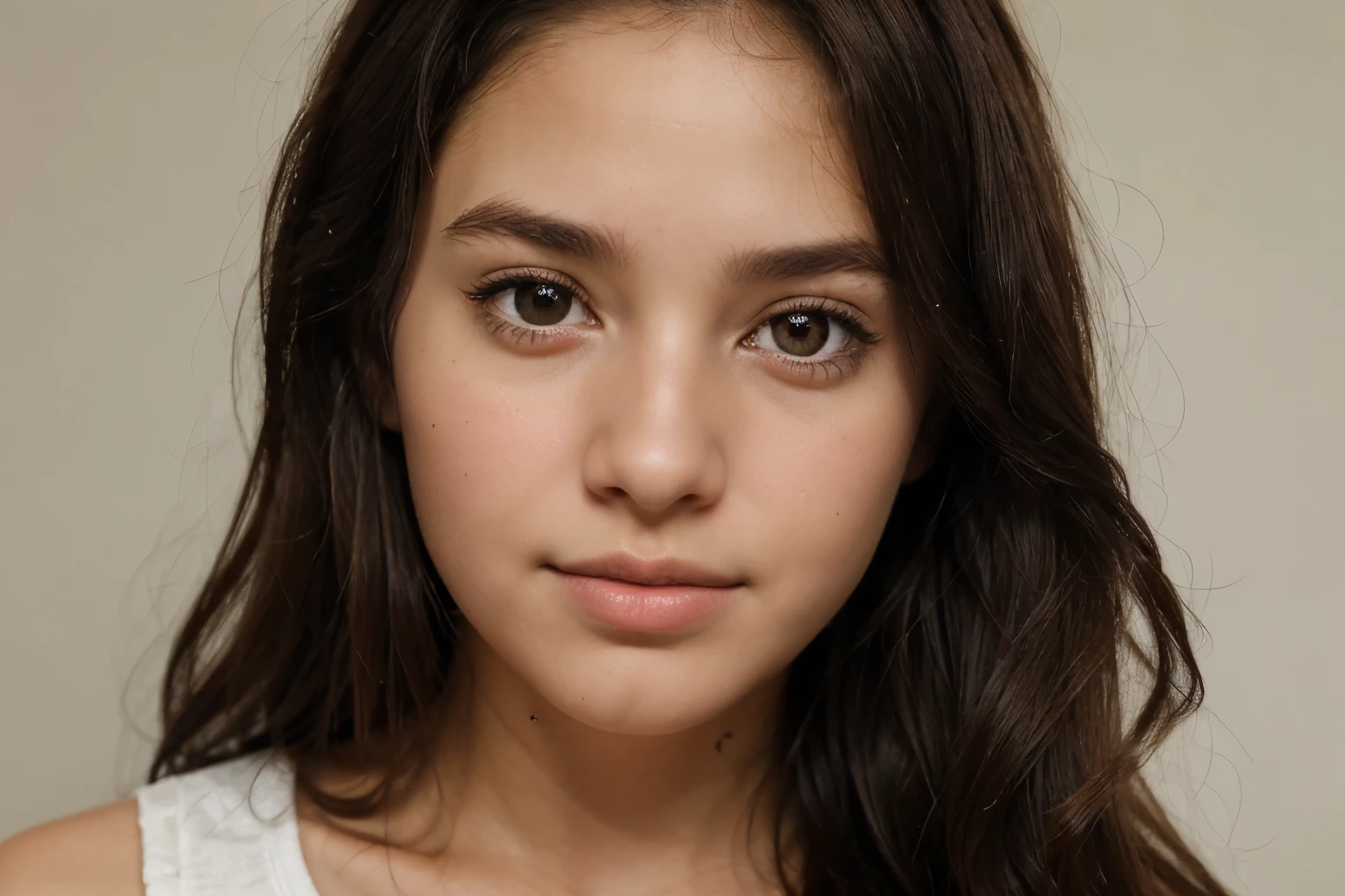 create a beautyfull sweet face young american girl, brown/black hair , brown eyes , smal face