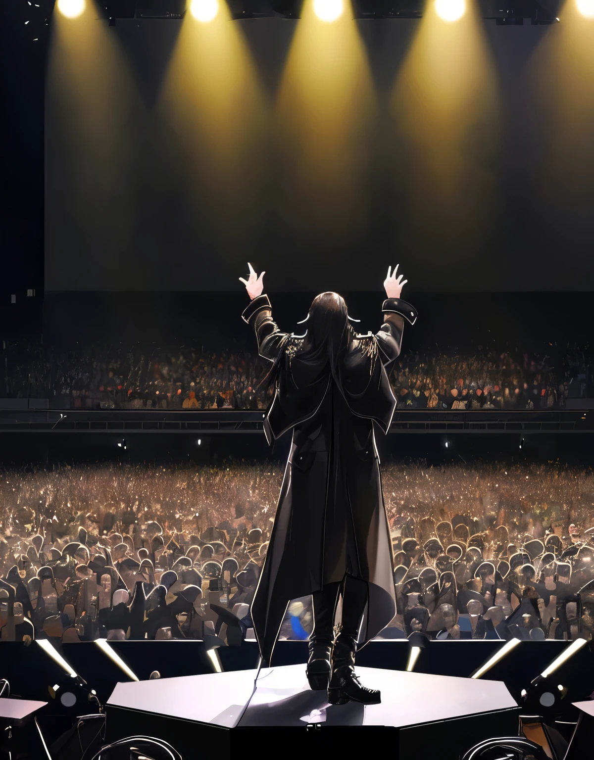 concert，stage，Thousands of fans，Respond&#39;fashionable attire，black greatcoat，Back Shadow，microphones，a male singer