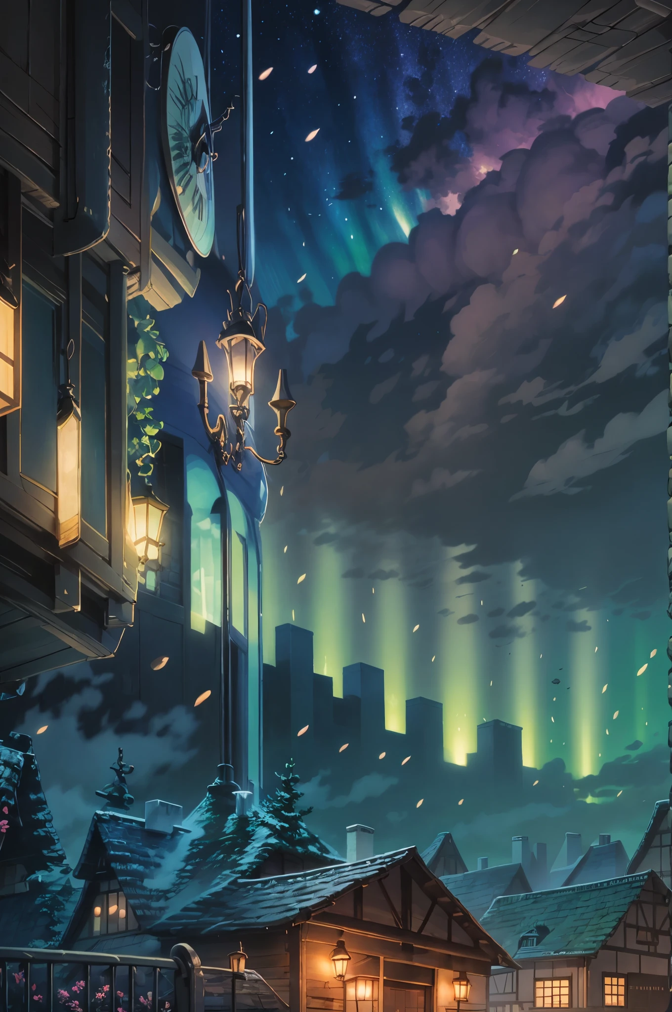 At night, the sky is filled with aurora, which is colorful; There is a house where two couples are cooking. The picture is very warm --auto --s2