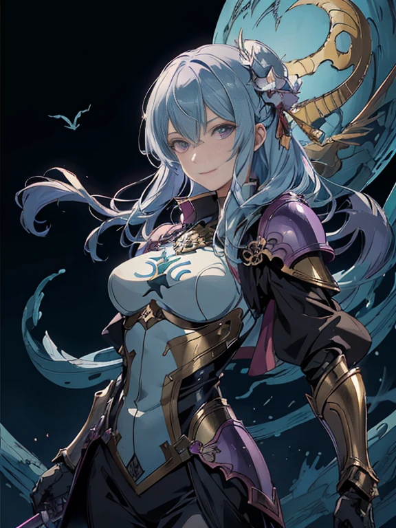 (masutepiece, of the highest quality),
choline (Fire emblem), choline (Fire emblem) (Female), Smile, Solo Focus, 1girl in, Looking at Viewer, hair between eye, ,Light blue-violet hair,armor,  Upper body, Floating hair, Closed mouth,
(shenron, art by:Hermann Nitsch, Zdzislaw Beksiński, by Dariusz Zawadzki , giger), Medium chest, armor, (for exercise),
Detailed eyes, Perfect features, (masuter piece, Best Quality, good quality:1.4), masuter piece, Intricate details,