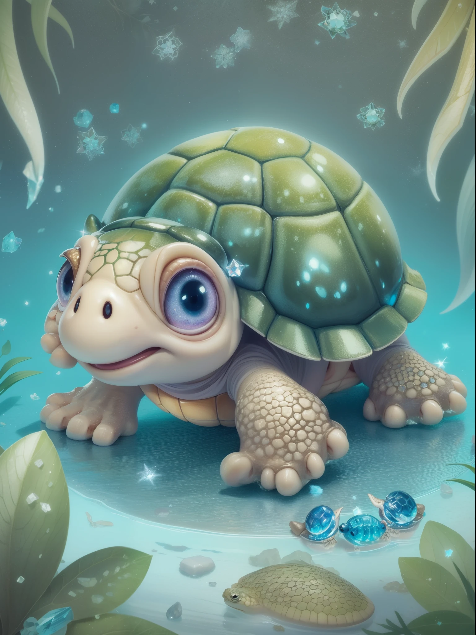 Cartoon illustration of  turtle with hoof studded in crystals, Portrait of a cartoon animal, magical character, official illustration, cute portrait of a babytle with hoof studded in crystals