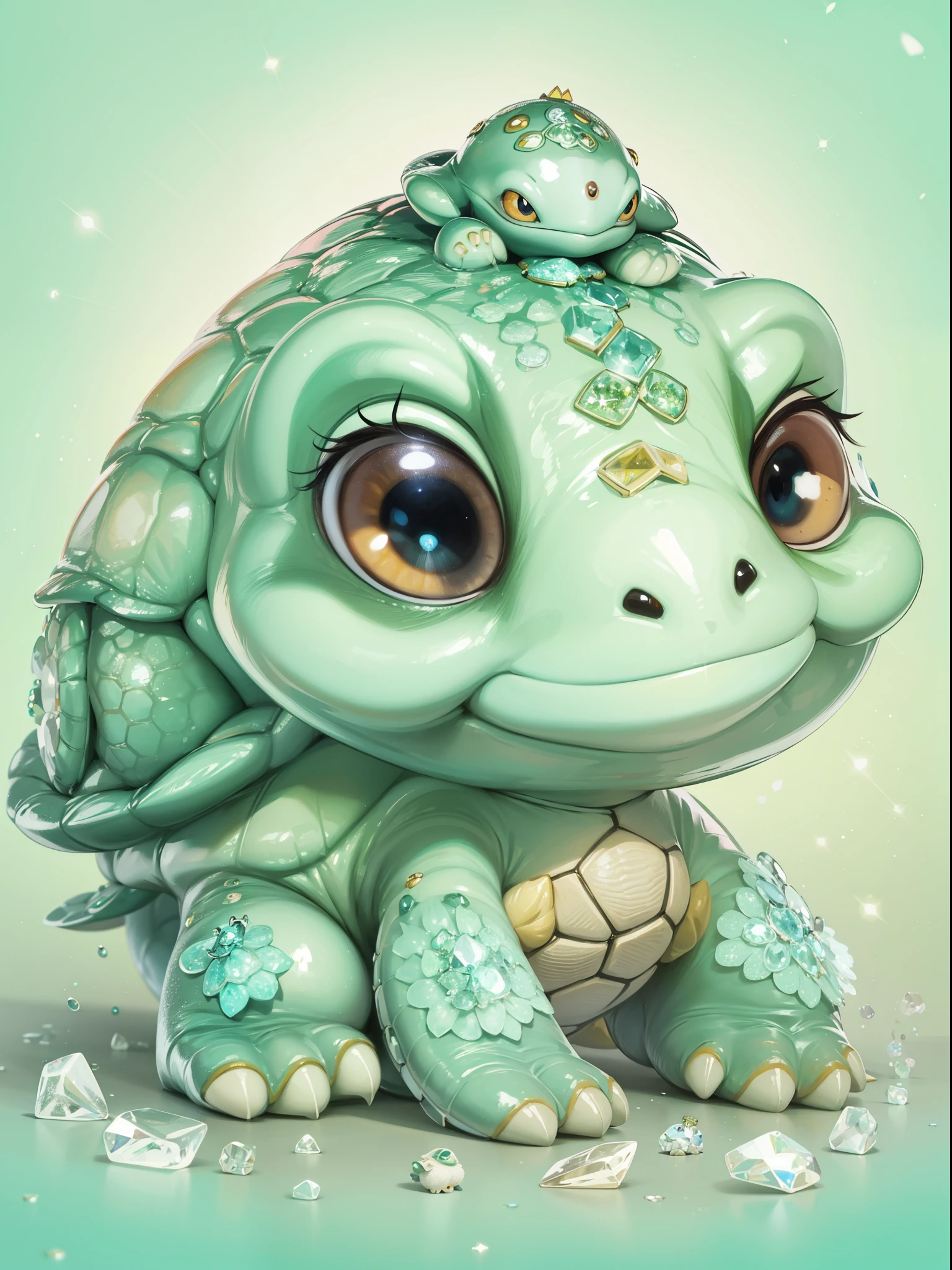 Cartoon illustration of turtle with hoof studded in crystals, Portrait of a cartoon animal, magical character, official illustration, cute portrait of a babytle with hoof studded in crystals