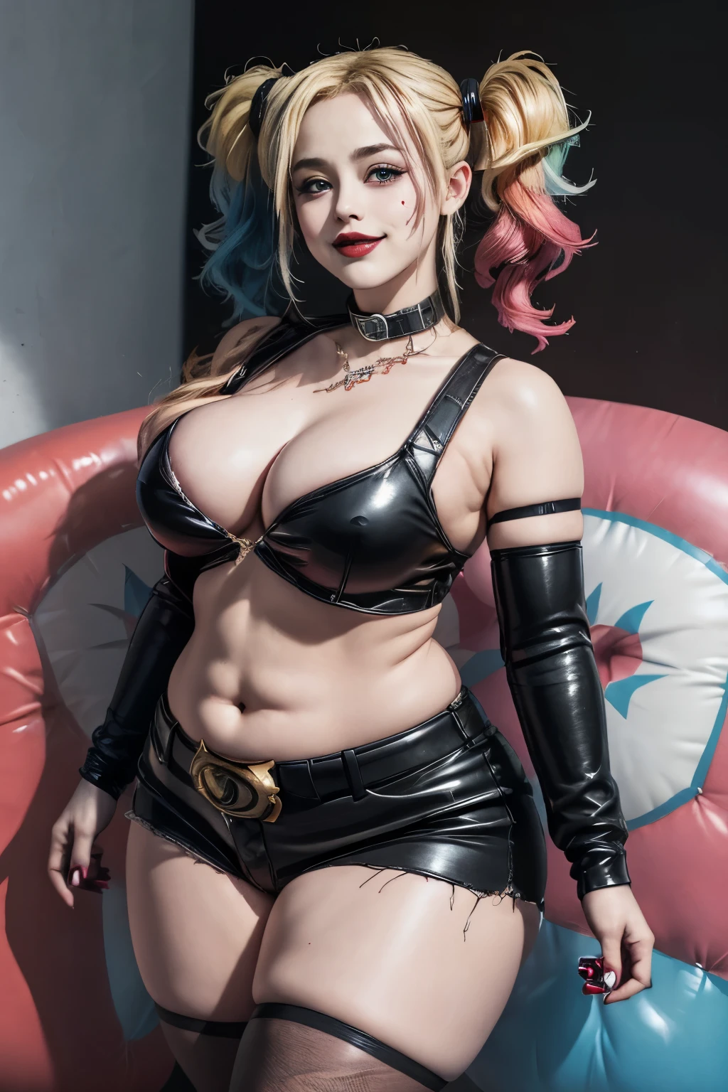 masterpiece, (photorealistic), (8k wallpaper) , (best quality), perfect quality, solo, (detailed eyes:0.9), girl, eating donut, very beautiful, small smile, face : ( harley quinn, make up, very beautiful face, small smile, beautiful, very plump face, very plump cheeks, cute face, big eyes, round face ) , figure: ( very full body, big breasts, very full figure, very thicc, very thick, chubby, chubby belly, very soft, very curvy, love handles, sexy curves, sexy pose, sexy, muffin top, very thick thighs, thunder thighs) , clothes : (tight black dress)