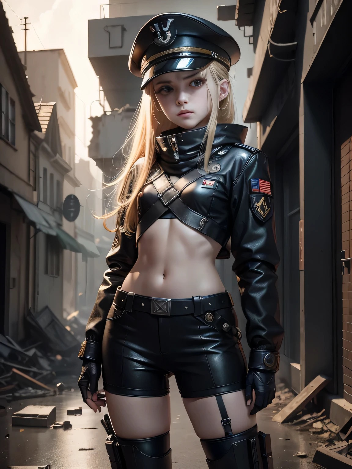 Destroyed towns,3 wearing a nazi black leather uniform, military hat, commander,girls , Nazi anime girls , , Ukraine , Full body composition of young girl with messy bright blonde hair, eye make up, 13 year old, Soft lighting, Solo, Old torn dirty shabby futuristic military uniform, badges, Pose, Blotch color, Octane Render, Hyperrealistic intricate detail, Cinematic, 8K resolution, 70mm, Accent Lighting, Global Illumination, Full body portrait, clean detailed faces, intricate clothing, Cute face, flat chest, Slim waist, Slim legs, small hips,Steel exoskeleton combat suit,Combat helmet,Holding a handgun,Long jacket,cloaks,