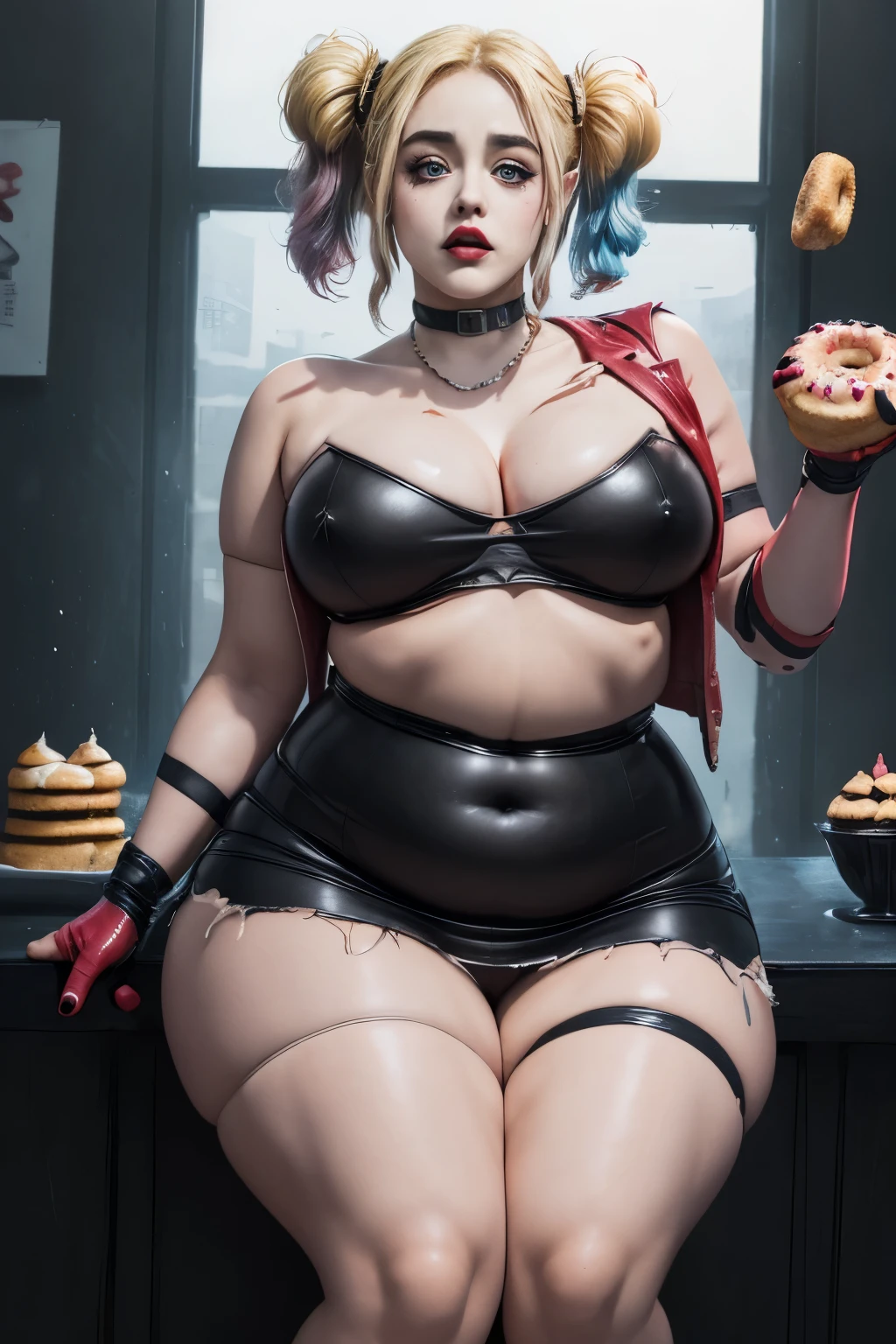 masterpiece, (photorealistic), (8k wallpaper) , (best quality), perfect quality, solo, (detailed eyes:0.9), girl, eating donut, very beautiful, ashamed, face : ( harley quinn, make up, very beautiful face, ashamed, beautiful, very plump face, very plump cheeks, cute face, big eyes, round face ) , figure: ( very full body, big breasts, very full figure, very thicc, very thick, very chubby, very chubby belly, very soft, very curvy, love handles, sexy curves, sexy pose, sexy, muffin top, very thick thighs, thunder thighs) , clothes : (ripped dress, tight black dress)