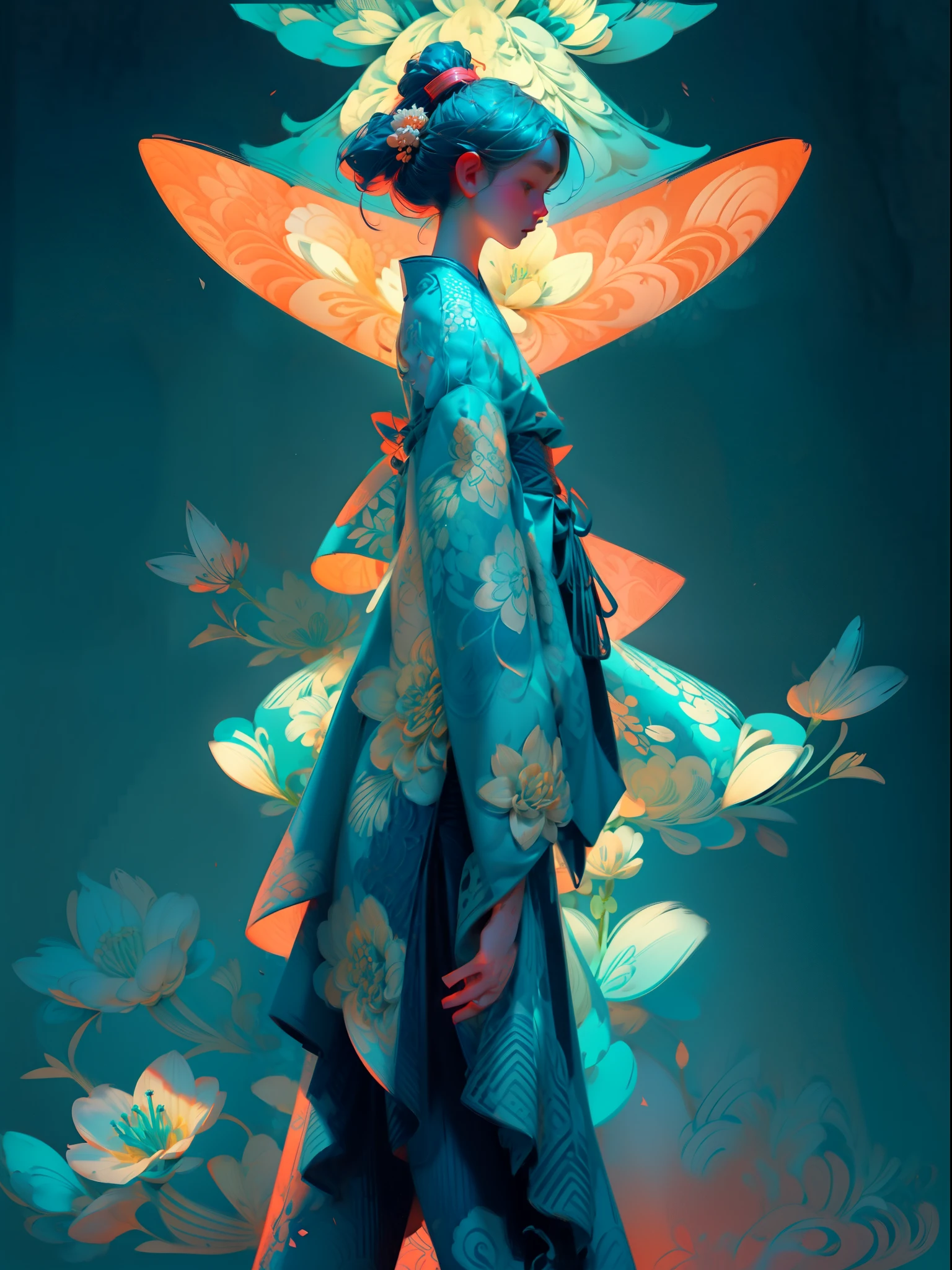 1girl, solo, from above, (white lily flowers), aesthetic, intricate, best quality, detailed background, Sayaka Miki, ((girl wearing a patterned teal kimono:1.2)), (walking in zen garden), casual pose, detailed textures, posing, floral print, hair flower, hair ornament, japanese clothes, kimono, obi, outdoors, pagoda, petals, (teal kimono), sash, shrine, sky, stone stairs, torii, wide sleeves, yukata