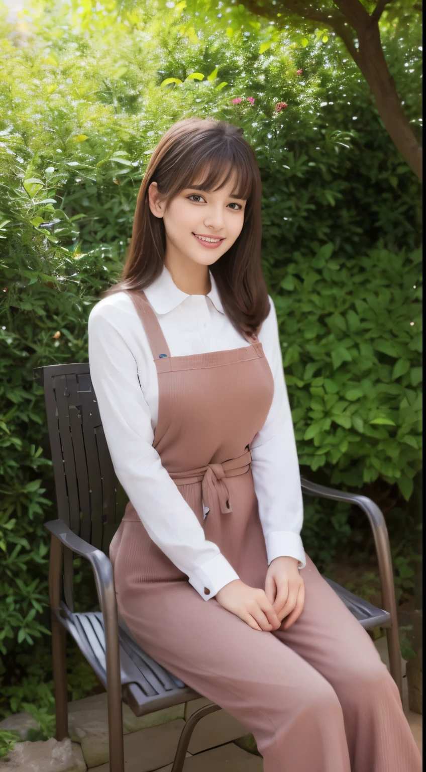 Al-Nahar, best quality, 8 kilo, masterpiece: 1.3)) , whole body, long legs, sharp focus: 1.2, Beautiful woman with perfect character: 1.4, slender abdominal muscles: 1.1 ، ((Dark brown hair, small waist, big breasts: 1.2)) ، (Rather, a jean apron, sitting on a chair : 1.2) ، (( In the garden, under a tree : 1.3)) Highly detailed face and skin texture, detailed eyes, double eyelids Wearing pink pajamas, wearing Sony headphones Cute smile holding iPhone 15 Pro Max and taking a selfie