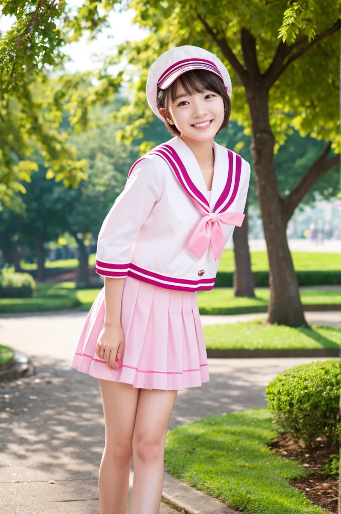 top-quality、​masterpiece、hight resolution、4K、real 18 year old woman、Pink sailor suit、Pleated mini-skirt　a park、a smile、Shorthair、1girl in、