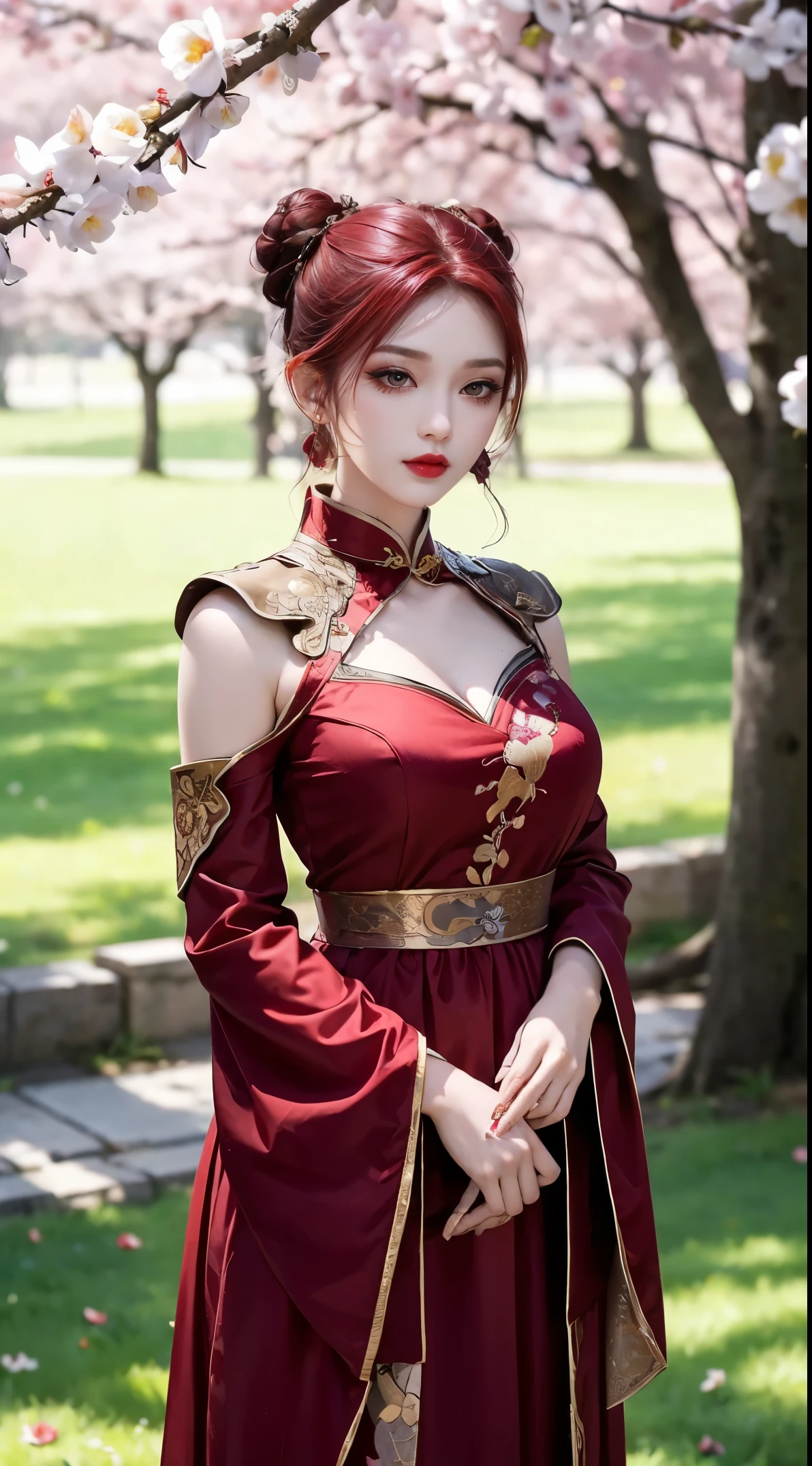 A beautiful girl in ancient China, aloof temperament, rose red long dress, huge plum blossoms, standing under a tree, sunshine, clear face, masterpiece, super detailed, epic composition, high quality, highest quality, 16k,short hair,hair bun, red hair