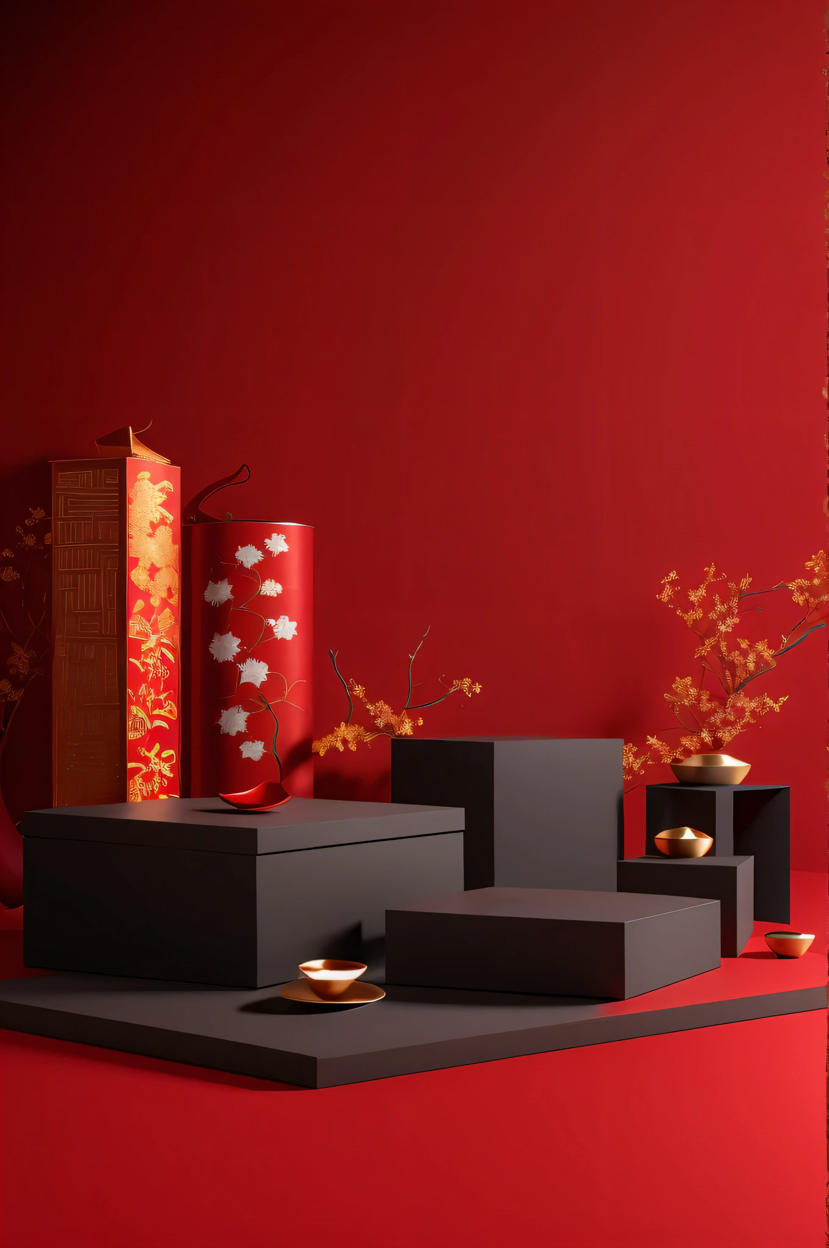 c4d渲染,minimal style,clean backdrop, Red and gold, Chinese New Year, 8K, on a red background, 8K, red theme, 3 Rendering,box