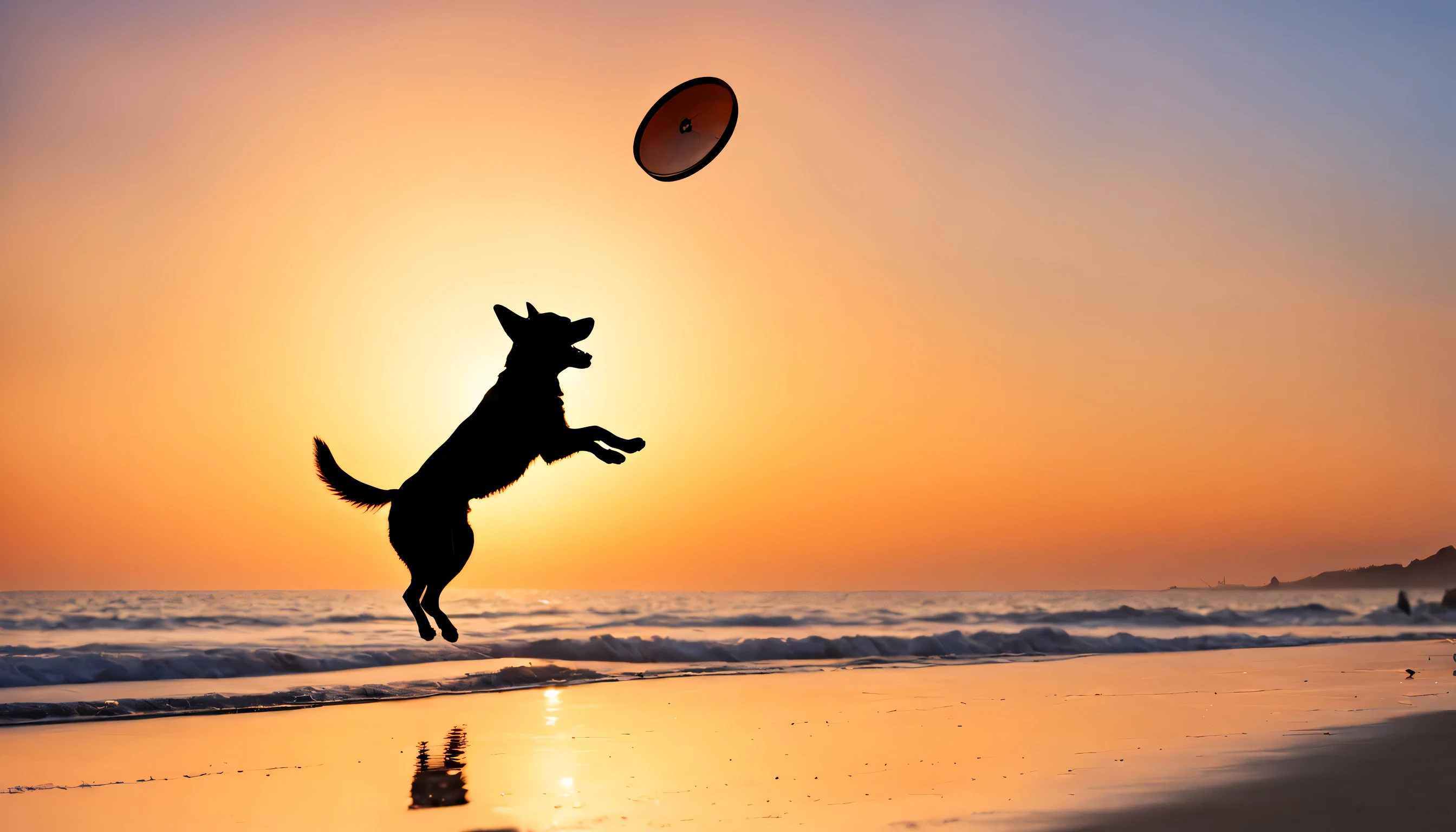 Silhouette Art, Silhouette of a dog catching frisbee on the beach, catch with mouth, catch in the air, Decisive moments, Sunset, Orange sky, (best composition), (masutepiece), (Best Quality), (ultra high detail)