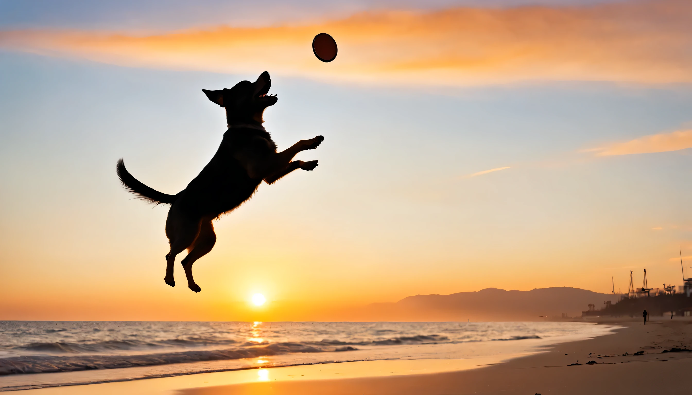 Silhouette Art, Silhouette of a dog catching frisbee on the beach, catch with mouth, catch in the air, Decisive moments, Sunset, Orange sky, (best composition), (masutepiece), (Best Quality), (ultra high detail)