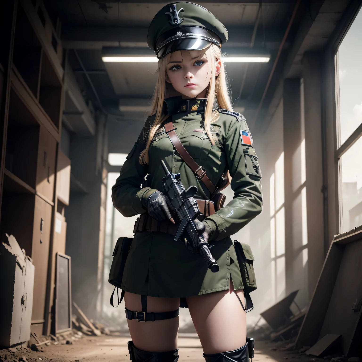 Destroyed towns, germany girl , nazi anime girls , , Ukraine , Full body composition of young girl with messy bright blonde hair, blue eye, make up, 13 year old, wearing a nazi black leather uniform, military hat, commander, Soft lighting, Solo, Old torn dirty shabby futuristic military uniform, badges, Pose, black color, Octane Render, Hyperrealistic intricate detail, Cinematic, 8K resolution, 70mm, Accent Lighting, Global Illumination, Full body portrait, clean detailed faces, intricate clothing, Cute face, flat chest, Slim waist, Slim legs, small hips,Wearing a thick steel combat suit,Combat helmet,Holding the Gatling gun in your hand,