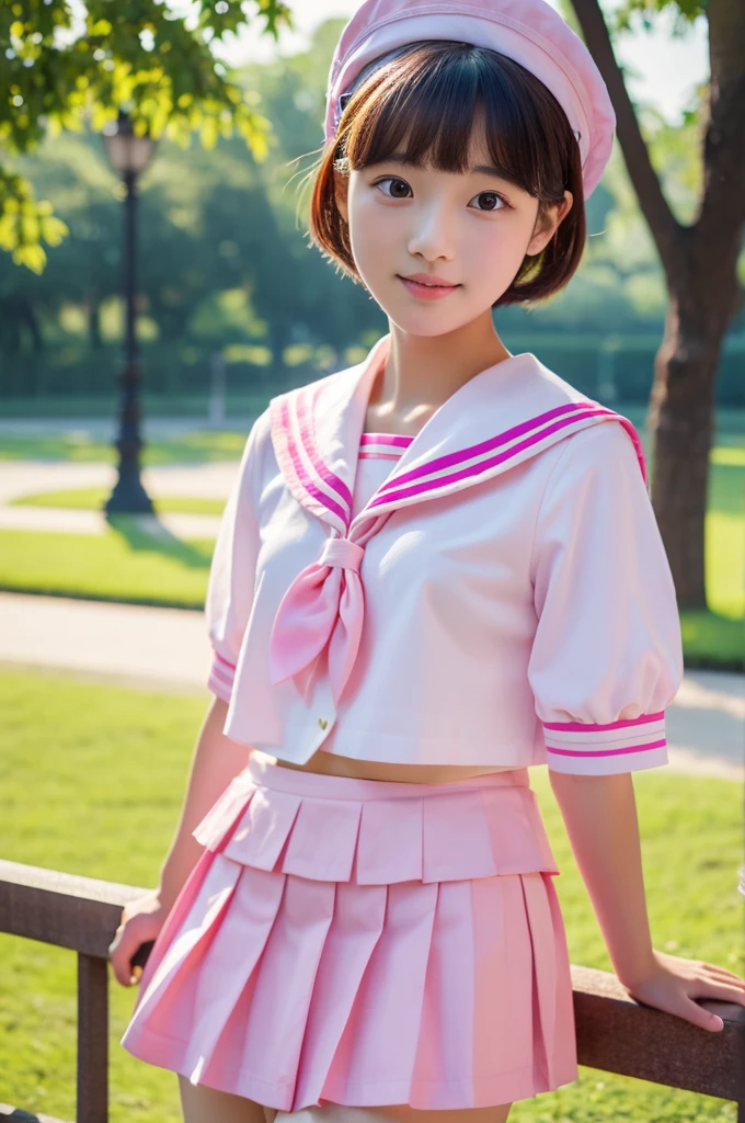top-quality、masterpiece、hight resolution、4K、real 18 year old woman、Pink sailor suit、Pleated mini-skirt a park、Puku Face、Shorthair、1girl in、