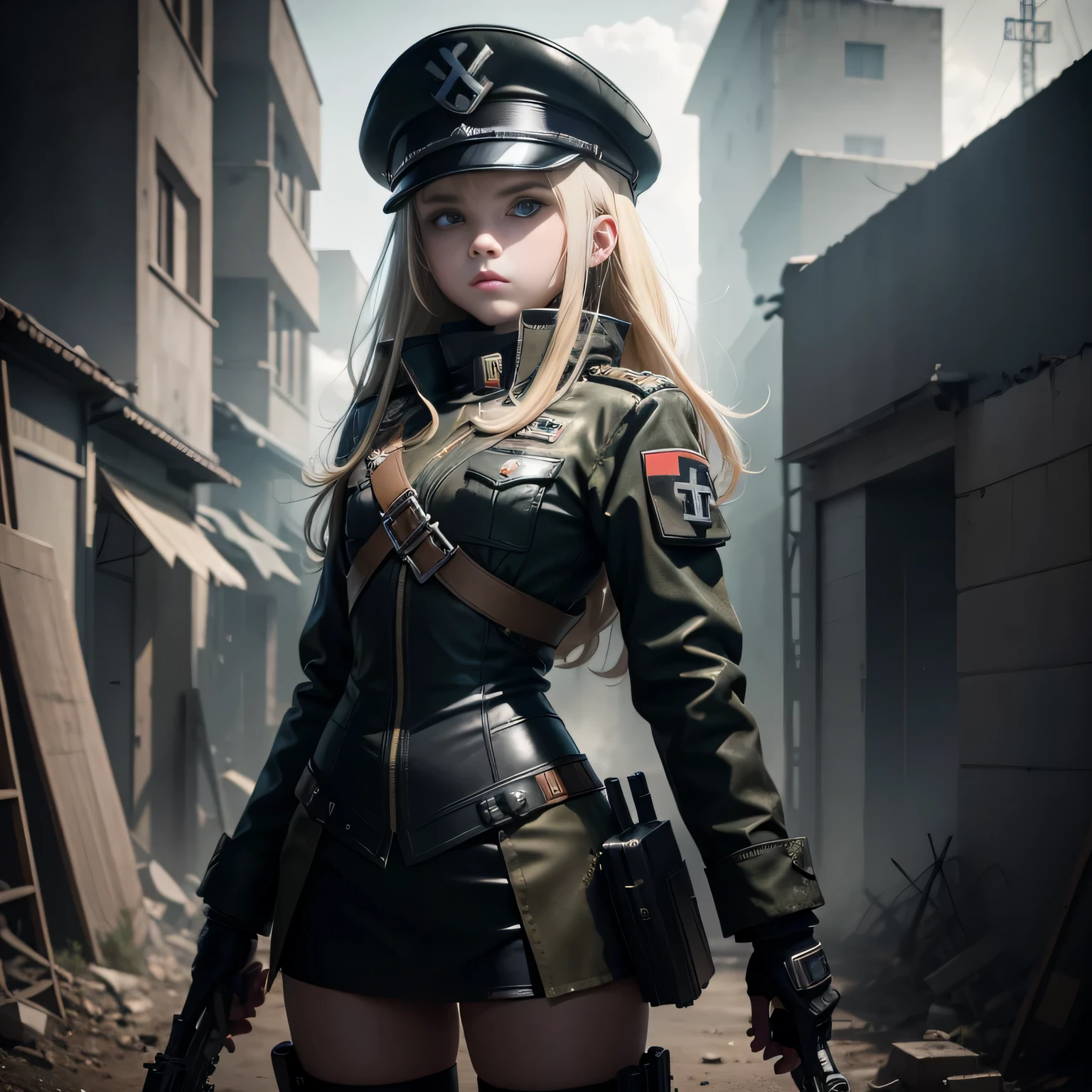 Destroyed towns, germany girl , nazi anime girls , , Ukraine ,  Full body composition of young girl with messy bright blonde hair, blue eye, make up, 13 year old,  wearing a nazi black leather uniform, military hat, commander, Soft lighting, Solo, Old torn dirty shabby futuristic military uniform, badges, Pose, black color, Octane Render, Hyperrealistic intricate detail, Cinematic, 8K resolution, 70mm, Accent Lighting, Global Illumination, Full body portrait, clean detailed faces, intricate clothing, Cute face, flat chest, Slim waist, Slim legs, small hips,Wearing a thick steel combat suit,Combat helmet,Holding the Gatling gun in your hand,