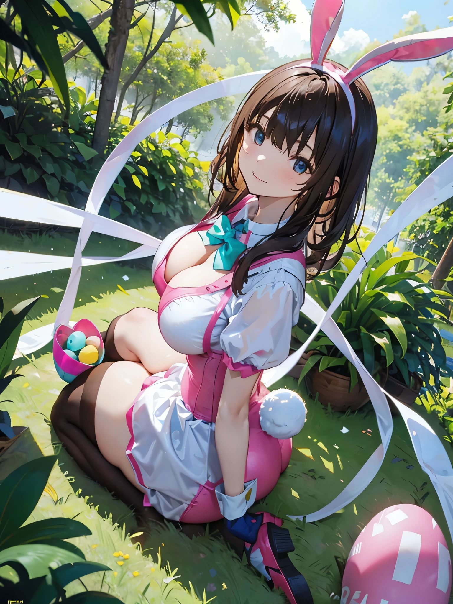 Colorful bunny girl girl, holding Easter eggs, smiling, 25 years old, big breasts, thick legs, big butt, bunny girl costume, many colorful Easter eggs, forest and grassland, daytime, sunshine,