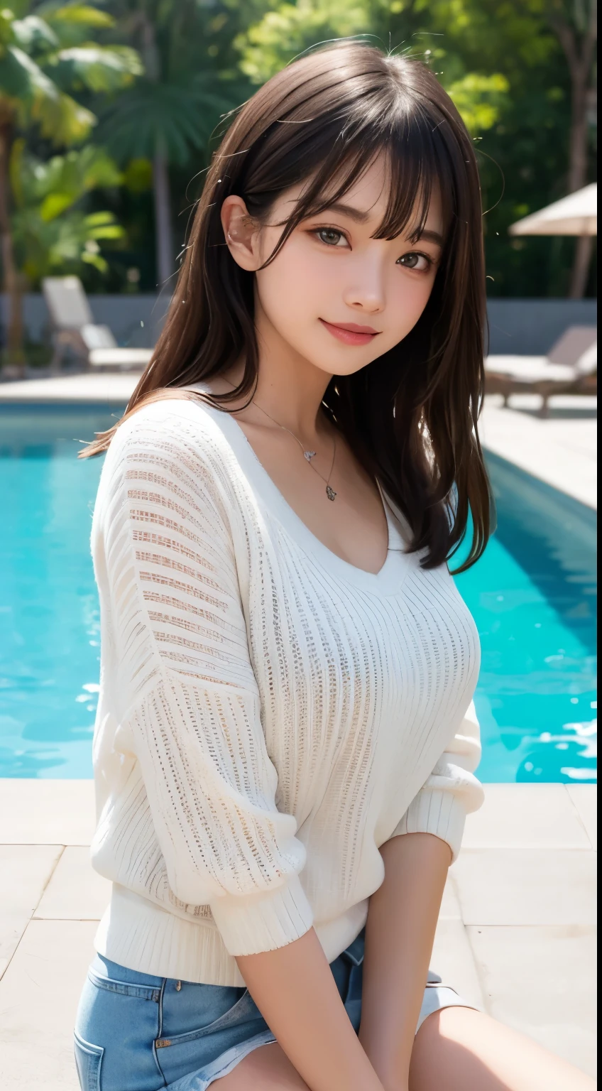 masutepiece, Best Quality, Illustration, Ultra-detailed, finely detail, hight resolution, 8K Wallpaper, Perfect dynamic composition, Beautiful detailed eyes, doress, short Hair, mid-chest, Natural Color Lip, Random and sexy poses,Smile, Blurred night pool background、20 years girl、Colossal 、Too much exposure、No shoulder knitwear(off white)、Exposing the chest、Slid、I keep my hair tied up