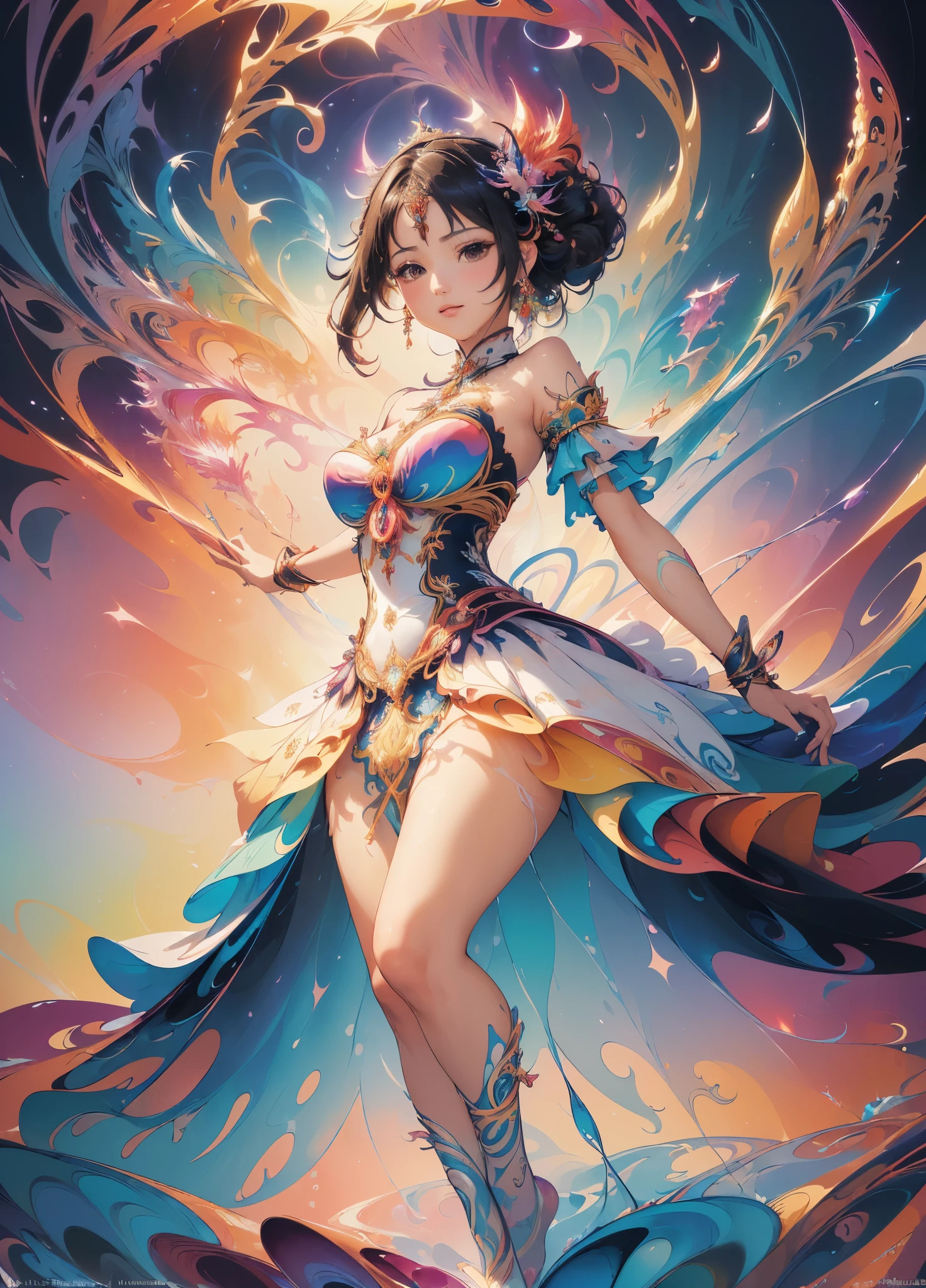 (tmasterpiece, quality, Best quality at best, offcial art, Beautiful and beautiful:1.2), (1 girl:1.3), The content is very detailed,(s fractal art:1.2),Colorful,The most detailed,(tangled:1.2), (dynamicposes), (abstract backgrounds:1.5), (traditionalcostumes:1.2), (Skin glows), (Lots of colors:1.4), Upper part of the body