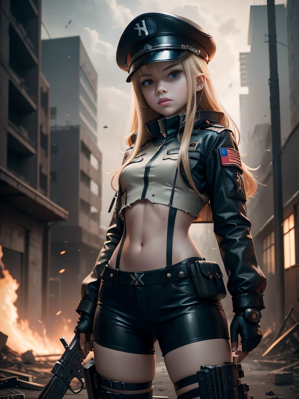 Destroyed towns,3 wearing a nazi black leather uniform, military hat, commander,girls , Nazi anime girls , , blu eye,  Full body composition of young girl with messy bright blonde hair, eye make up, 13 year old,  Soft lighting, Solo, Old torn dirty shabby futuristic military uniform, badges, Pose, Blotch color, Octane Render, Hyperrealistic intricate detail, Cinematic, 8K resolution, 70mm, Accent Lighting, Global Illumination, Full body portrait, clean detailed faces, intricate clothing, Cute face, flat chest, Slim waist, Slim legs, small hips,Steel exoskeleton combat suit,Combat helmet,Holding a handgun,Long jacket,cloaks,