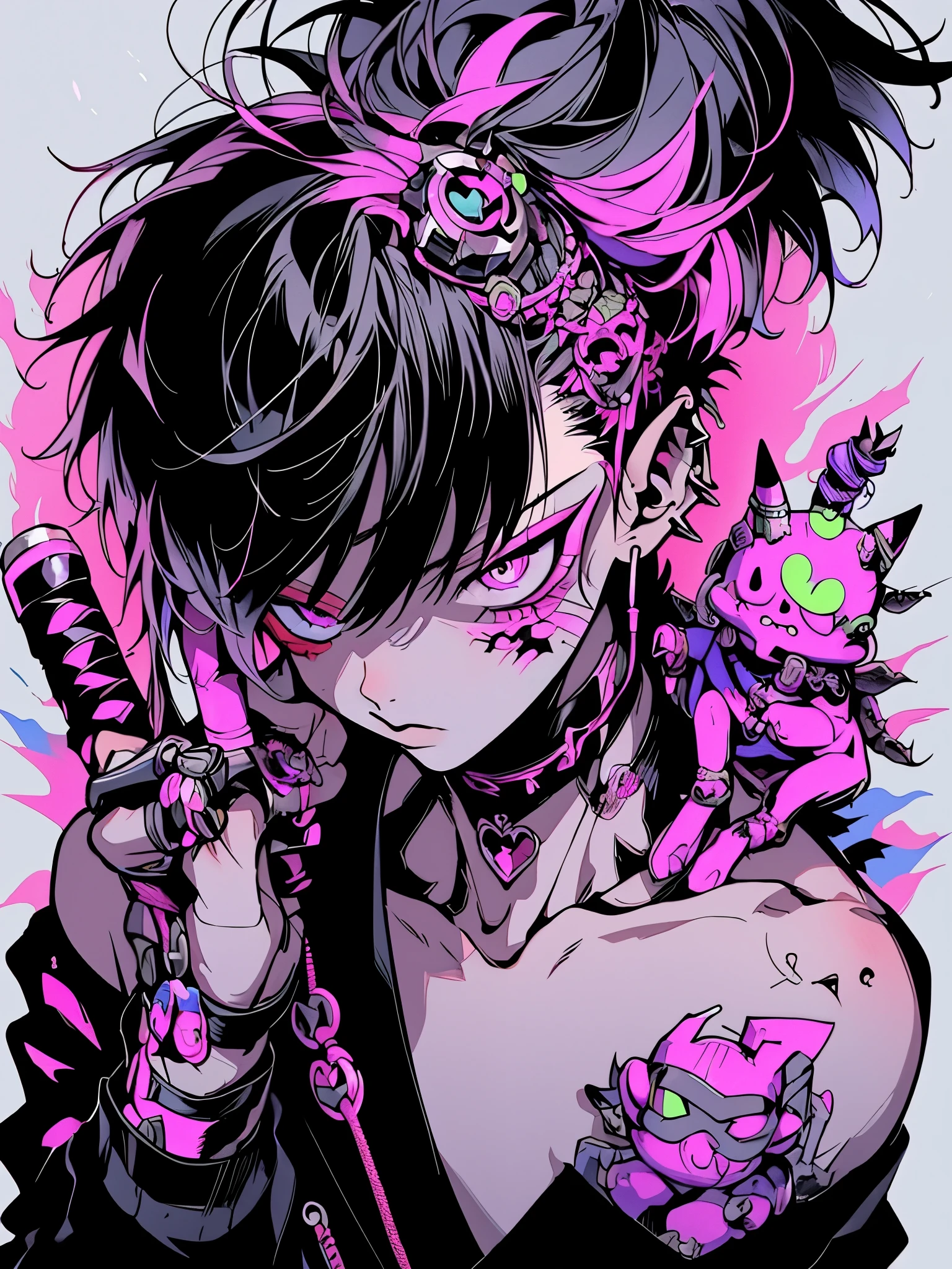 A samurai animé style tatoo of gothic male, drop cyber with vibrant Colors and a reference to my diabetic condition like a needle for exemple, punk spikes on wrist, futuristic half cyborg, Korean , only facing front,