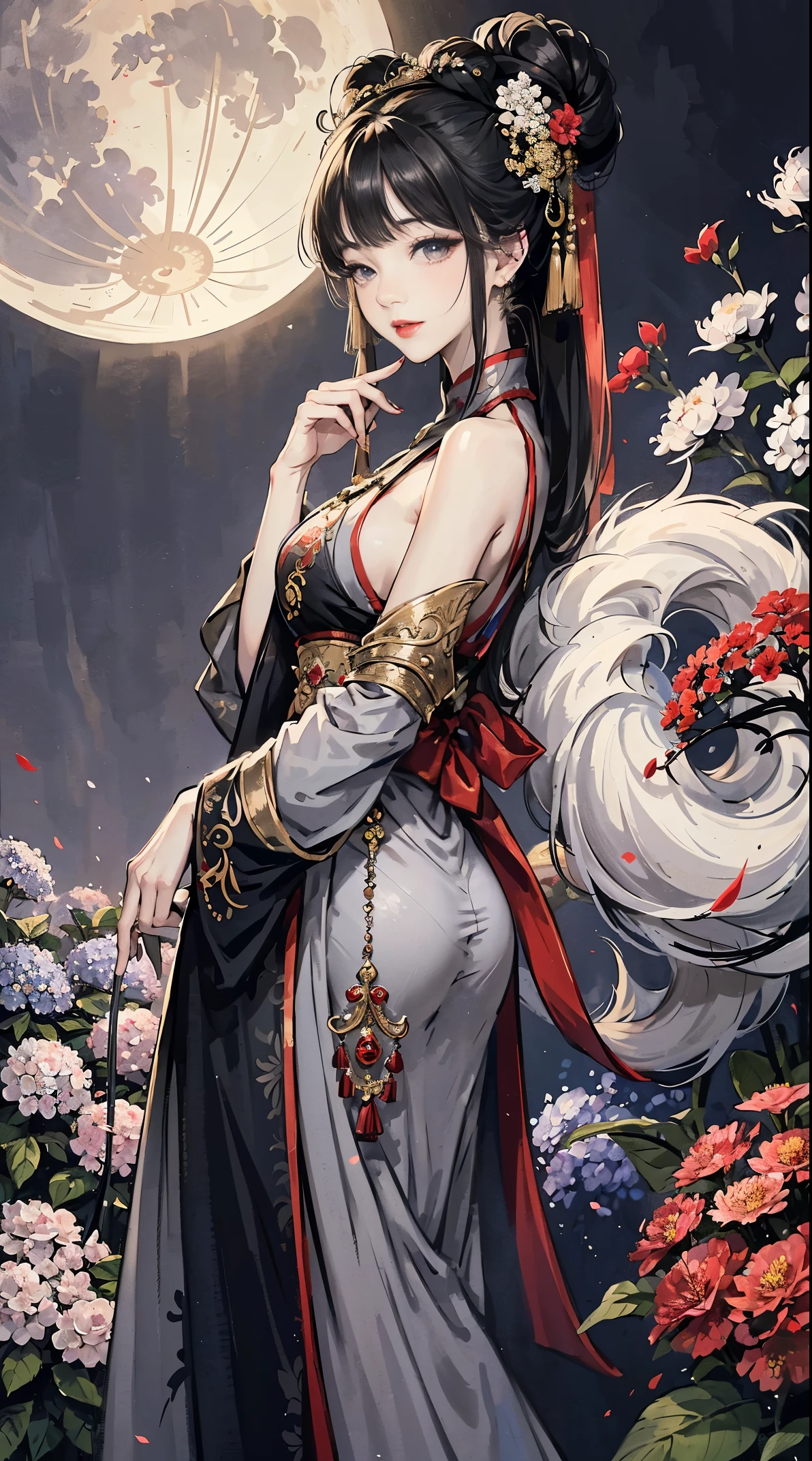 Masterpiece, Superb Product, Night, Full Moon, 1 Woman, Mature Woman, Chinese Style, Antique Chinese, Sister, Royal Sister, Smile, Brunette Hair, Updo, Red Lips, Calm, Intellectual, Hairpin, Hair Flower, Detailed Facial Details, Detailed Eyes, Full Body, Gray Eyes, Long Hair, Hydrangeas