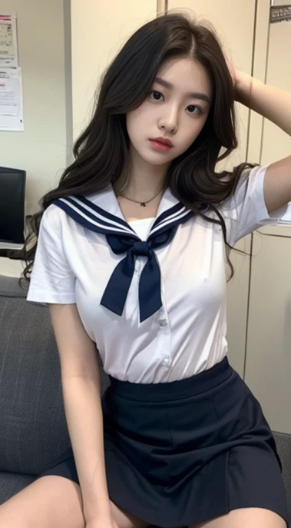 A female student wearing a short skirt and a sailor suit with her skirt rolled up and disheveled., , a hyperrealistic schoolgirl, in a white shirt, Hot with shining sun, A woman with the same face as last time,4K、1Man Woman、A slender、 Loose wavy styling 、,Open legs、 a hyperrealistic schoolgirl, Be braless、The chest is open、Nipples are erect、、captivating and enticing、FULL BODYSHOT、Including face and skin texture.,Detailed eyes、a seductive look