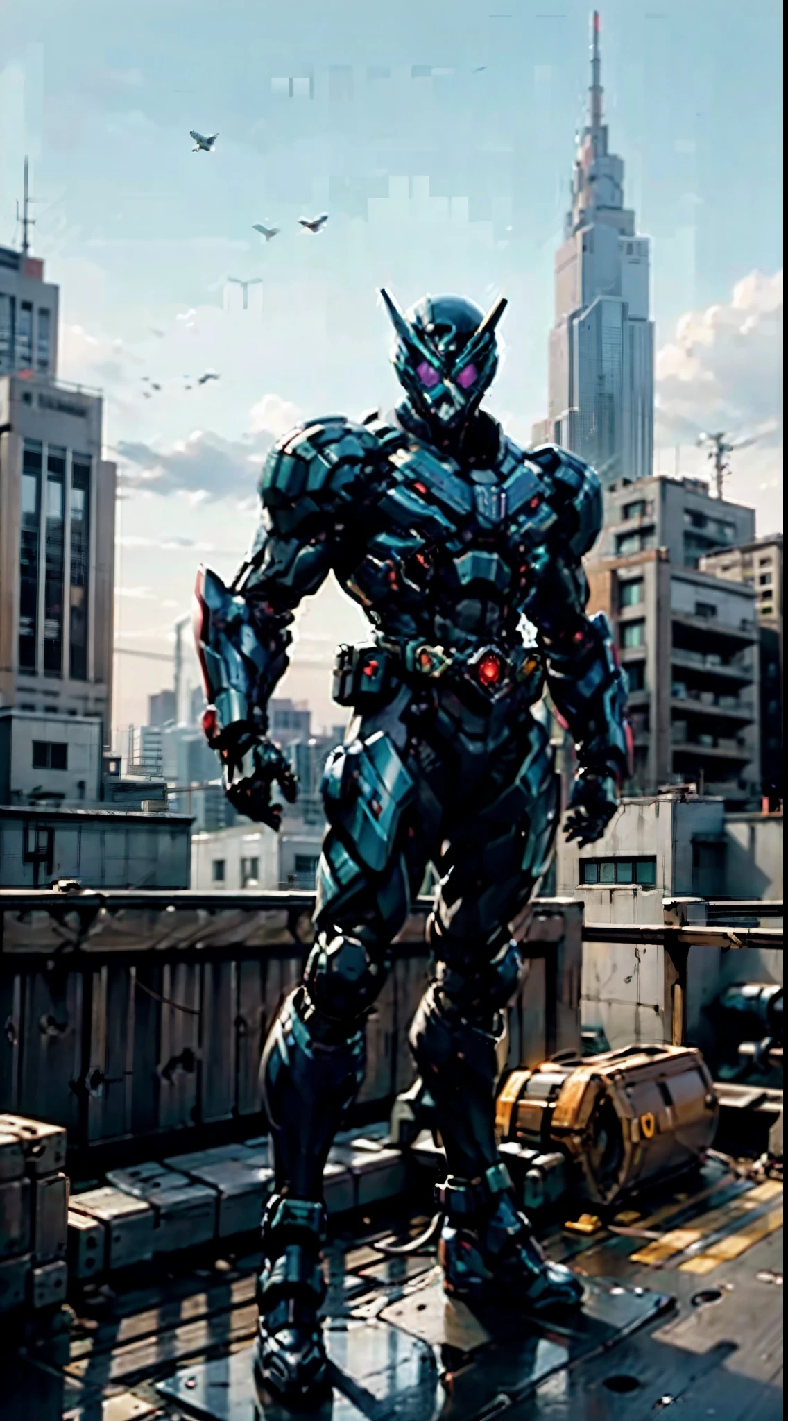 A super  a high-tech biotech battle suit, standing on a rooftop, looking over the city, Japanese tokusatsu and American comic style, biometallic texture of the suit, sleek and shiny, dynamic, fast, natural light, cinematic, high quality, high resolution, high detail, sophisticated design, dramatic, high definition, ultra-detailed, ultra-fine painting, extremely delicate, creativity, Natural light, cinematic lighting, best shadow, masterpiece-anatomy-perfect