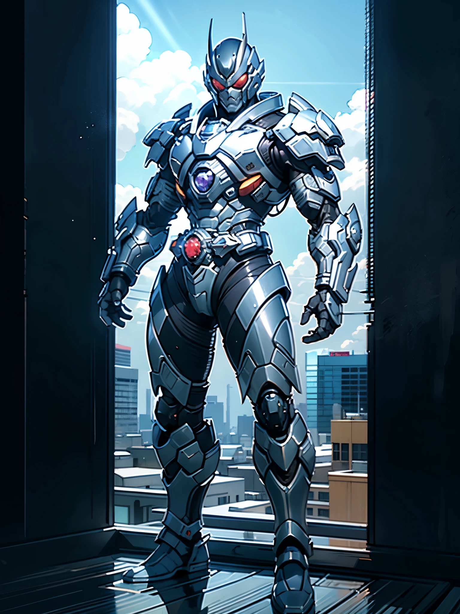 A super a high-tech biotech battle suit, standing on a rooftop, looking over the city, Japanese tokusatsu and American comic style, biometallic texture of the suit, sleek and shiny, dynamic, fast, natural light, cinematic, high quality, high resolution, high detail, sophisticated design, dramatic, high definition, ultra-detailed, ultra-fine painting, extremely delicate, creativity, Natural light, cinematic lighting, best shadow, masterpiece-anatomy-perfect