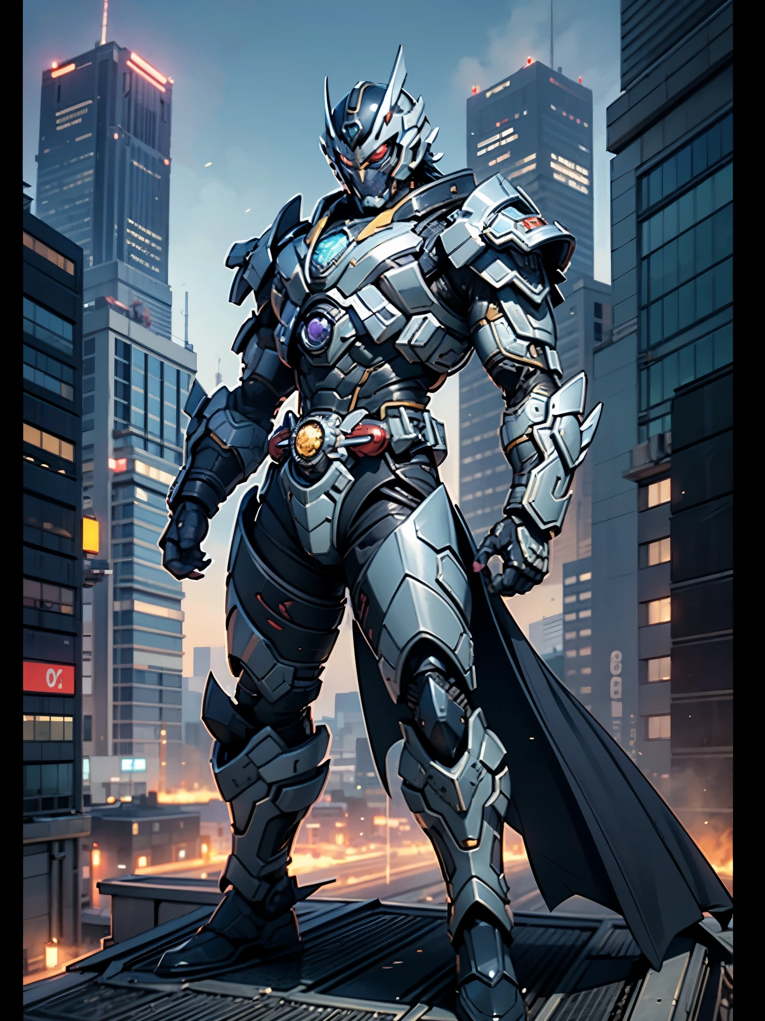 A super a high-tech biotech battle suit, standing on a rooftop, looking over the city, Japanese tokusatsu and American comic style, biometallic texture of the suit, sleek and shiny, dynamic, fast, natural light, cinematic, high quality, high resolution, high detail, sophisticated design, dramatic, high definition, ultra-detailed, ultra-fine painting, extremely delicate, creativity, Natural light, cinematic lighting, best shadow, masterpiece-anatomy-perfect