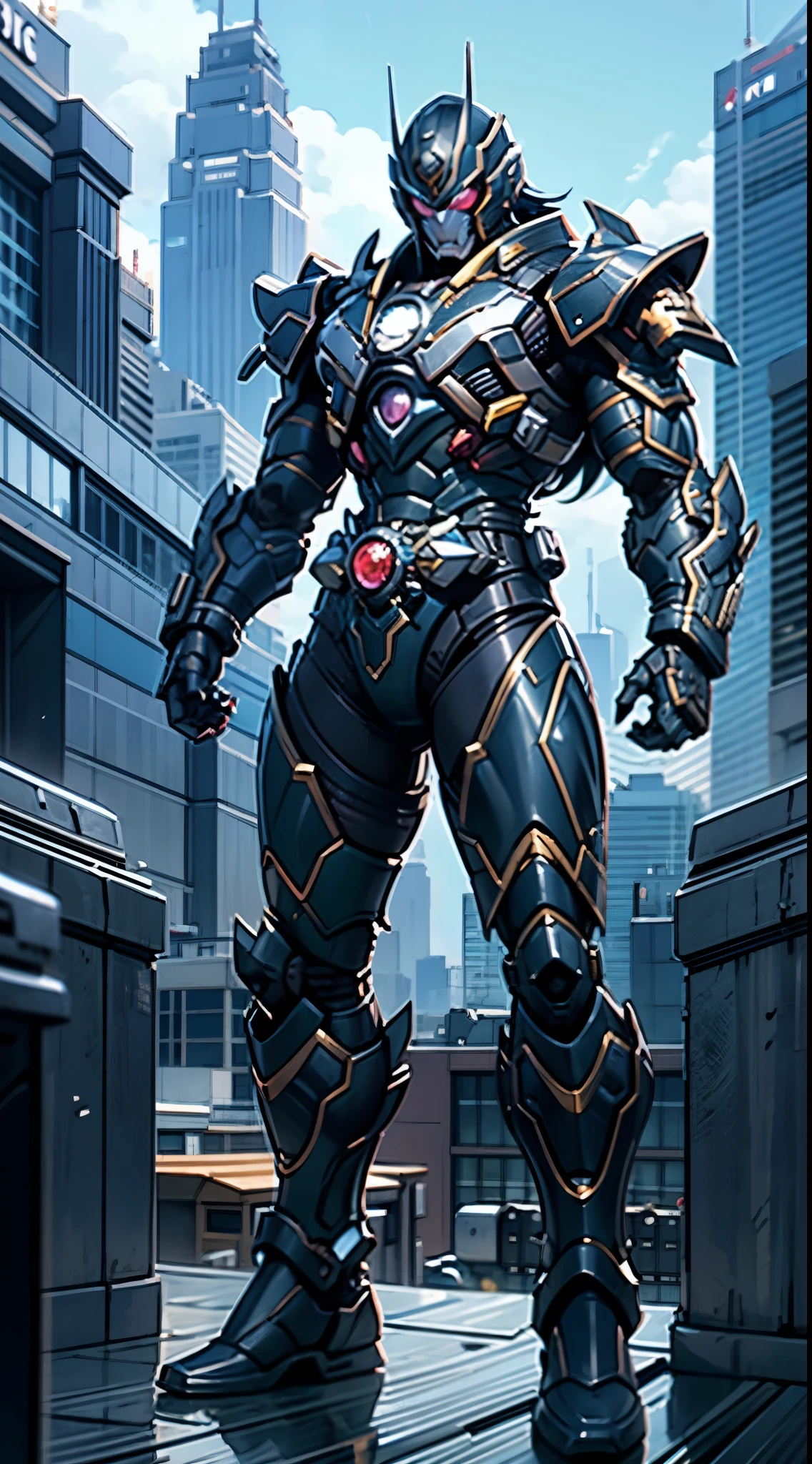 A super a high-tech biotech battle suit, standing on a rooftop, looking over the city, Japanese tokusatsu and American comic style, biometallic texture of the suit, sleek and shiny, dynamic, fast, natural light, cinematic, high quality, high resolution, high detail, sophisticated design, dramatic, high definition, ultra-detailed, ultra-fine painting, extremely delicate, creativity, Natural light, cinematic lighting, best shadow, masterpiece-anatomy-perfect
