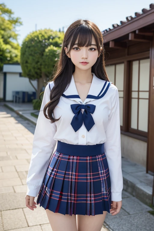顔のアップ 微笑んでいる a sailor suitを着たブロンドのツインテールの美しい若い女の子。Photos of very beautiful Nordic-born girls、blonde hair、4k、top-quality、 hight resolution:1.1)、、Blue plaid skirt、Red plaid skirt、high school student uniform、a sailor suit、NSFW