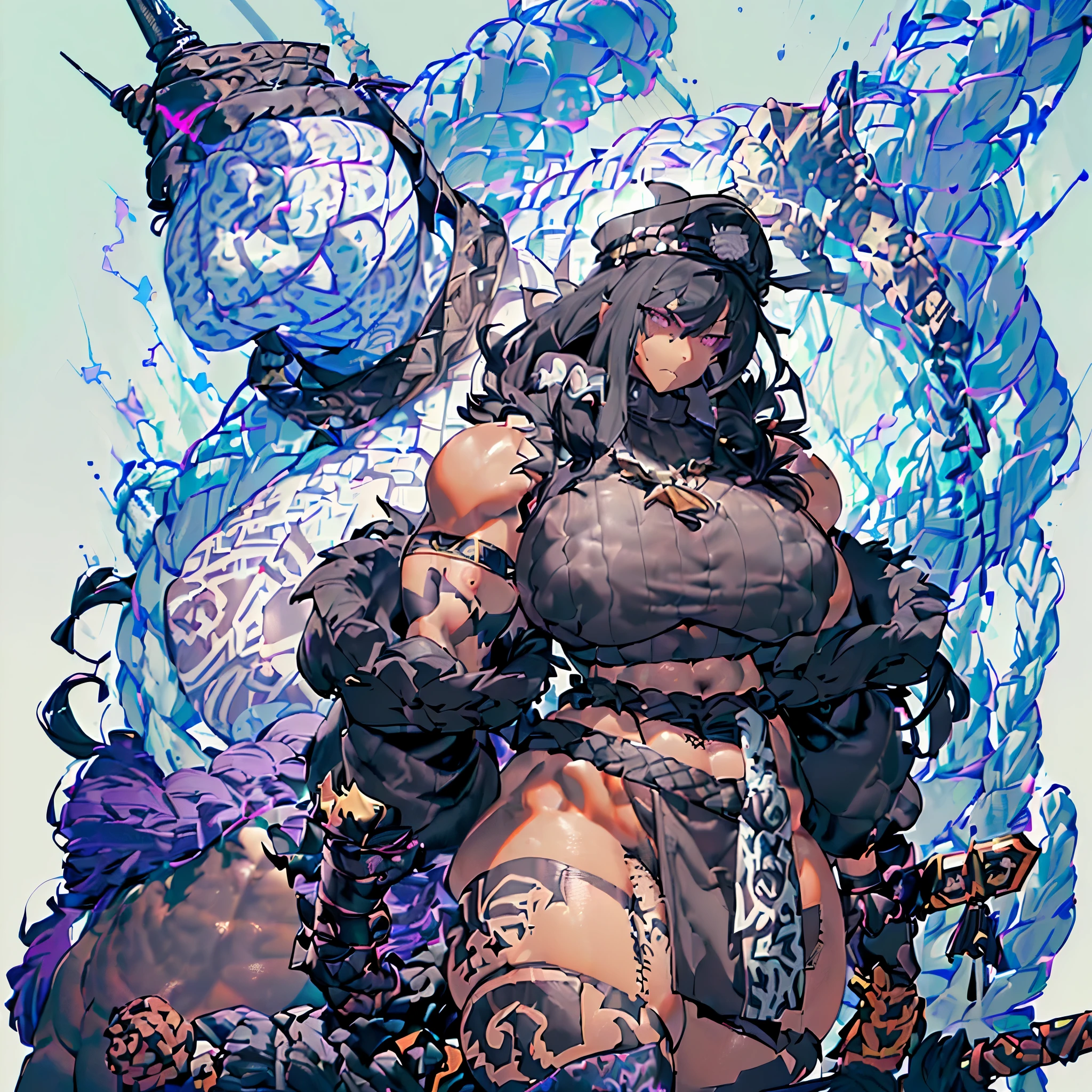 (Very angry girl with dark grey skin and tribal tatto), ((1girl)) dark purple hair, crazy messy curly long hair, (white eyeusculars), (thick thighs), solo, very angry, ((dark grey skin)), (10 pack abs), long leg muscular thighs, (strong jawline), ((((big huge saggy long tittieig muscular wide broad shoulders), wide hips huge, wide waste, (( very big muscular veiny arm)), big trapeziusfur coat, black crop top turtle neck sweater with no arm sleeves, fur cloak, ( military cap), (tribal loincloth dress), Golden barbarian belt, (holding weapon in the right), tribal garb clothing, thicc milf, muscular,