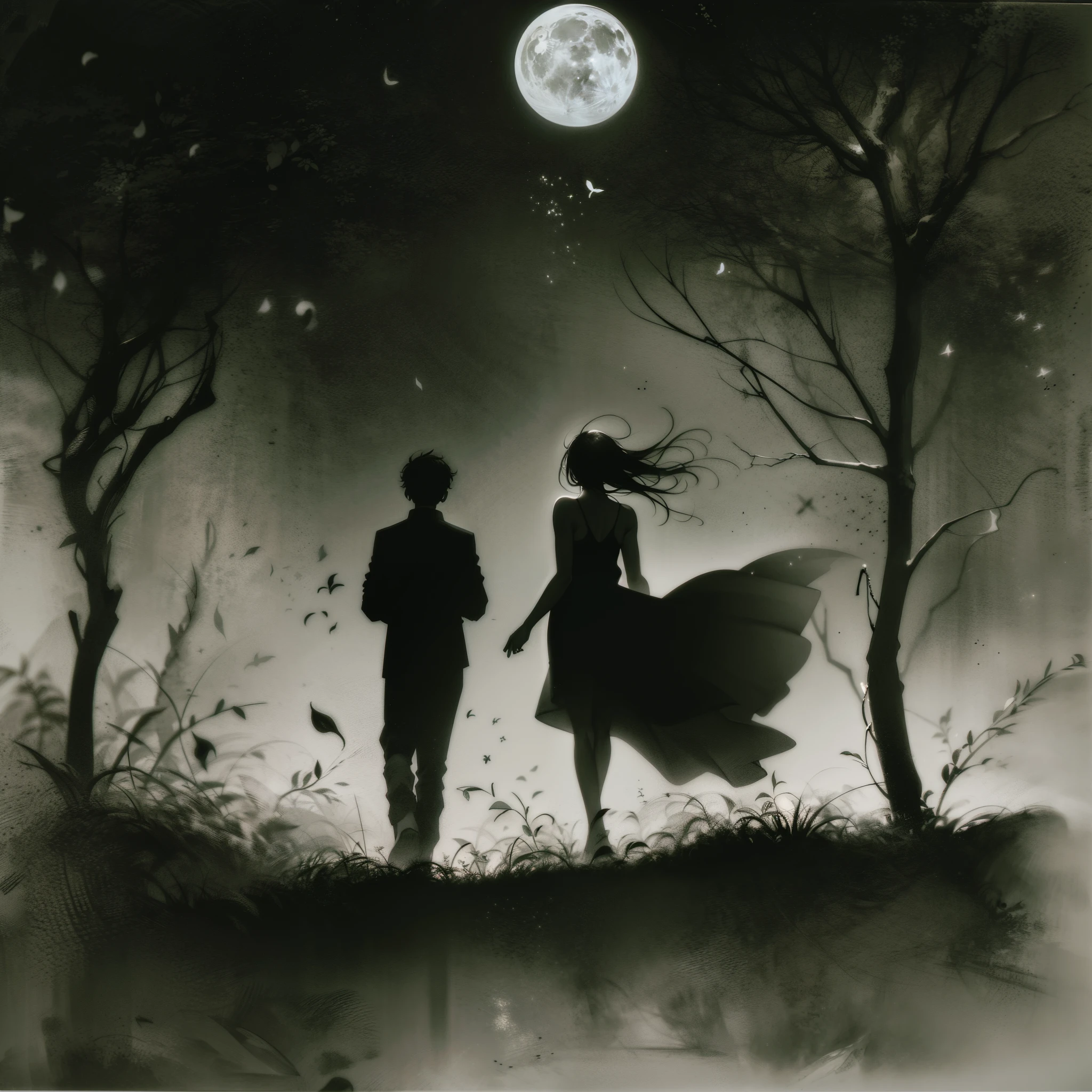 silhouette art,(best quality,highres:1.2),dark,shadowy figures,mysterious figures,black and white contrast,detailed silhouettes,graceful poses,elegant lines,dramatic lighting,night scene,moonlit backdrop,striking composition,subtle textures,contemporary style,expressive gestures,abstract shapes,haunting atmosphere,constellations in the sky,ethereal and dreamlike,contrasting shadow and light,simple yet powerful,visual storytelling,unforgettable impressions,Noir aesthetics,emotional,visual poetry,moonlight reflection,whispers of mystery,secrets untold,poignant silence,mysterious journey into the unknown,depth and complexity,fascinating narratives