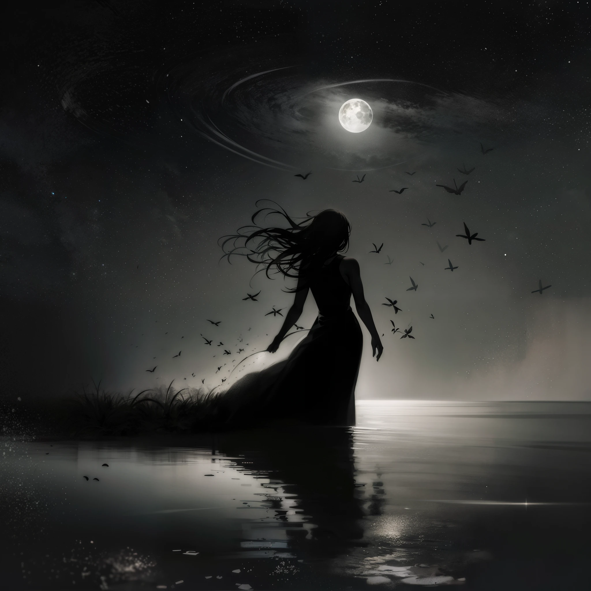 silhouette art,(best quality,highres:1.2),dark,shadowy figures,mysterious figures,black and white contrast,detailed silhouettes,graceful poses,elegant lines,dramatic lighting,night scene,moonlit backdrop,striking composition,subtle textures,contemporary style,expressive gestures,abstract shapes,haunting atmosphere,constellations in the sky,ethereal and dreamlike,contrasting shadow and light,simple yet powerful,visual storytelling,unforgettable impressions,Noir aesthetics,emotional,visual poetry,moonlight reflection,whispers of mystery,secrets untold,poignant silence,mysterious journey into the unknown,depth and complexity,fascinating narratives