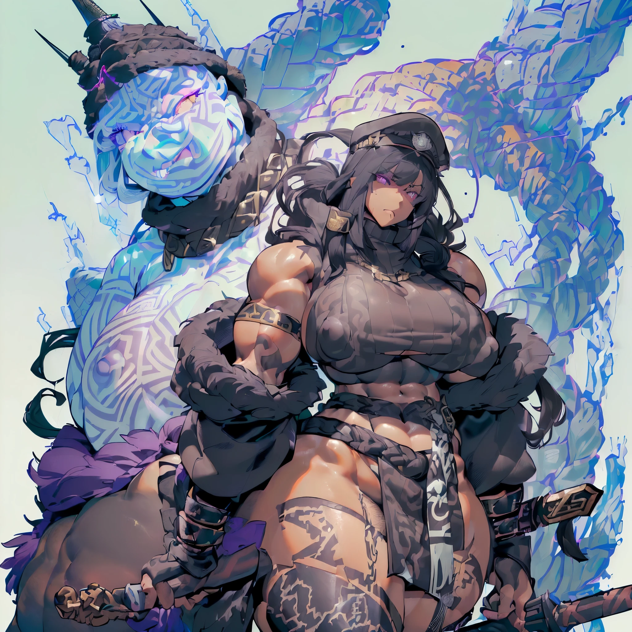 (Very angry girl with dark grey skin and tribal tatto), ((1girl)) dark purple hair, crazy messy curly long hair, (white eyeusculars), (thick thighs), solo, very angry, ((dark grey skin)), (10 pack abs), long leg muscular thighs, (strong jawline), ((((big huge saggy long tittieig muscular wide broad shoulders), wide hips huge, wide waste, (( very big muscular veiny arm)), big trapeziusfur coat, black crop top turtle neck sweater with no arm sleeves, fur cloak, ( military cap), (tribal loincloth dress), Golden barbarian belt, (holding weapon in the right), tribal garb clothing, thicc milf, muscular,