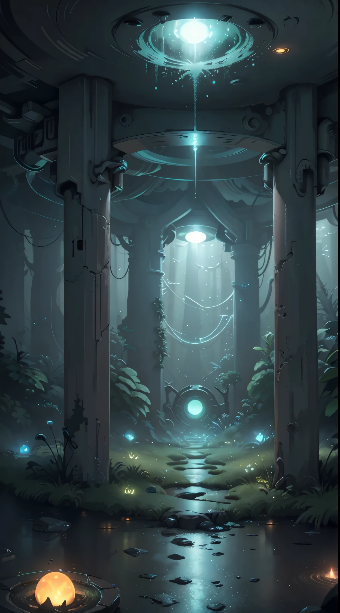 Imagine a concrete wall,One of the huge circles of light appears in the form of interplanetary portals, inside a forest with radiant neon lights. around circle reflective waves of liquid Chrome, realistic bedroom environment, wide angle side view, Shutter Speed 1/500, Aperture F/12, 4 d cinema, Masterpiece, 8K, hr, hqr, 4D, bokeh - -ar 3:2 4c