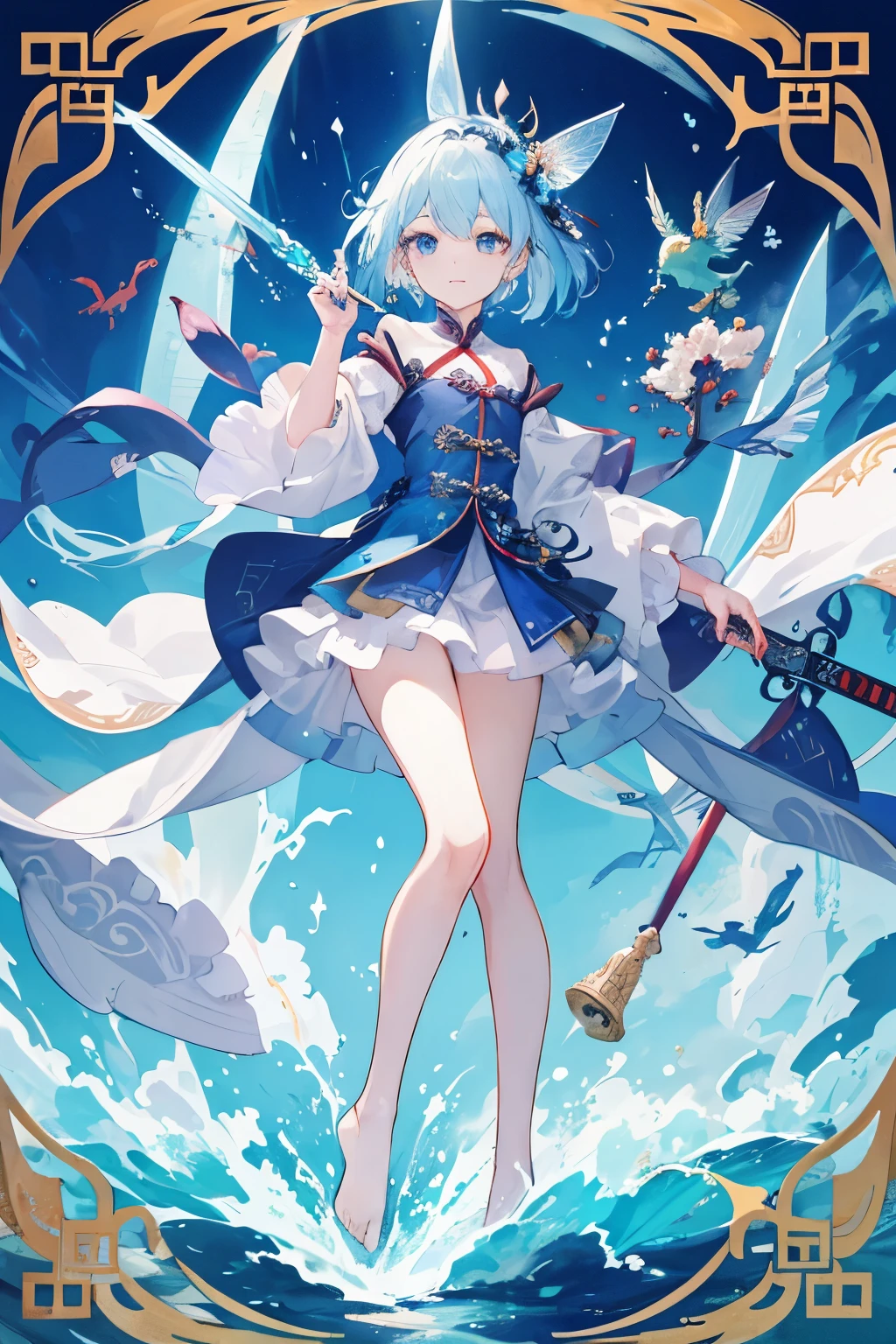 ((Best quality at best)), ((tmasterpiece)), (detailed), s the perfect face,Beautiful face,A fairy,Wearing blue clothes,Hold a sword in hand,Surrounded by Chinese dragoneet on the sea,Light movements,Small feet,Blue sky,Fairy style,Dissection is correct,8k,16:9 picture frames