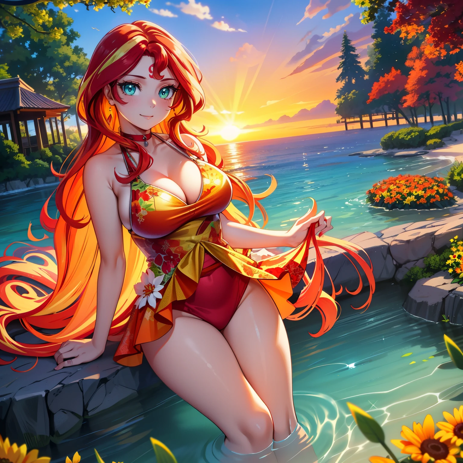 sunset shimmer, sunset shimmer from my little pony, sunset shimmer in the form of a young woman, big breasts, lush breasts, two tones of hair, red and yellow hair, in the beach, red and yellow flowers, solo, one character, red and yellow one piece swimsuit: 1.5, fire pattern on her swimsuit, thin, turquoise eyes, gentle smile, beautiful detailed beach: 1.5, trees, ACER PALMATUM trees: 2.5, rose flowers every: 1.5, rose garden: 1.5, so many connected ponds with lily pads and flowers on it beautiful pond: 2.0,, lily pads, sunflower flowers everywhere: 2.0, extremely long hair, SUNSET: 2.0, SUN SETTING: 2.0, bright glowing orange evening sky, ethereal sky, red thigh high with fire patterns of it, highly detailed legging, reflection on water, bright glowing shimmering eyes, vibrant atmosphere: 1.0, breath taking scenery: 2.0, HIGHLY DETAILED LIGHTING:1.0, dramatic lighting, so much foliage, different varieties of colorful flowers all around her those flowers attract butterflies, highly detailed butterflies, ((one really thin orange straight horn on her forehead: 1.0)), two orange cat ears: 1.0, arbours decorated with flowers and bushes