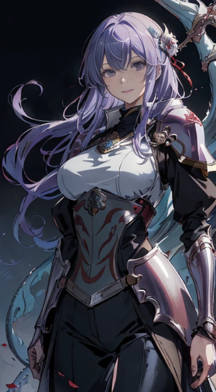 (masutepiece, of the highest quality),
choline (Fire emblem), choline (Fire emblem) , Smile, Solo Focus, 1girl in, Looking at Viewer, hair between eye, pale blue-purple hair,白と淡い青紫のarmor,  Upper body,Floating hair, Closed mouth,
(2 divine dragons),(art by:Hermann Nitsch, Zdzislaw Beksiński, by Dariusz Zawadzki , giger), Medium chest, armor, (for exercise),
Detailed eyes, Perfect features, (masuter piece, Best Quality, good quality:1.4), masuter piece, Intricate details,