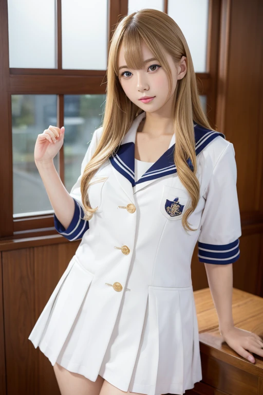 Beautiful long blonde　blue eyes　Embarrassing　Tears overflow from my eyes　A girl wearing a long-sleeved sailor uniform　Pleated skirt　mini skirt　No underwear　POV　One person, One person女の子, penis