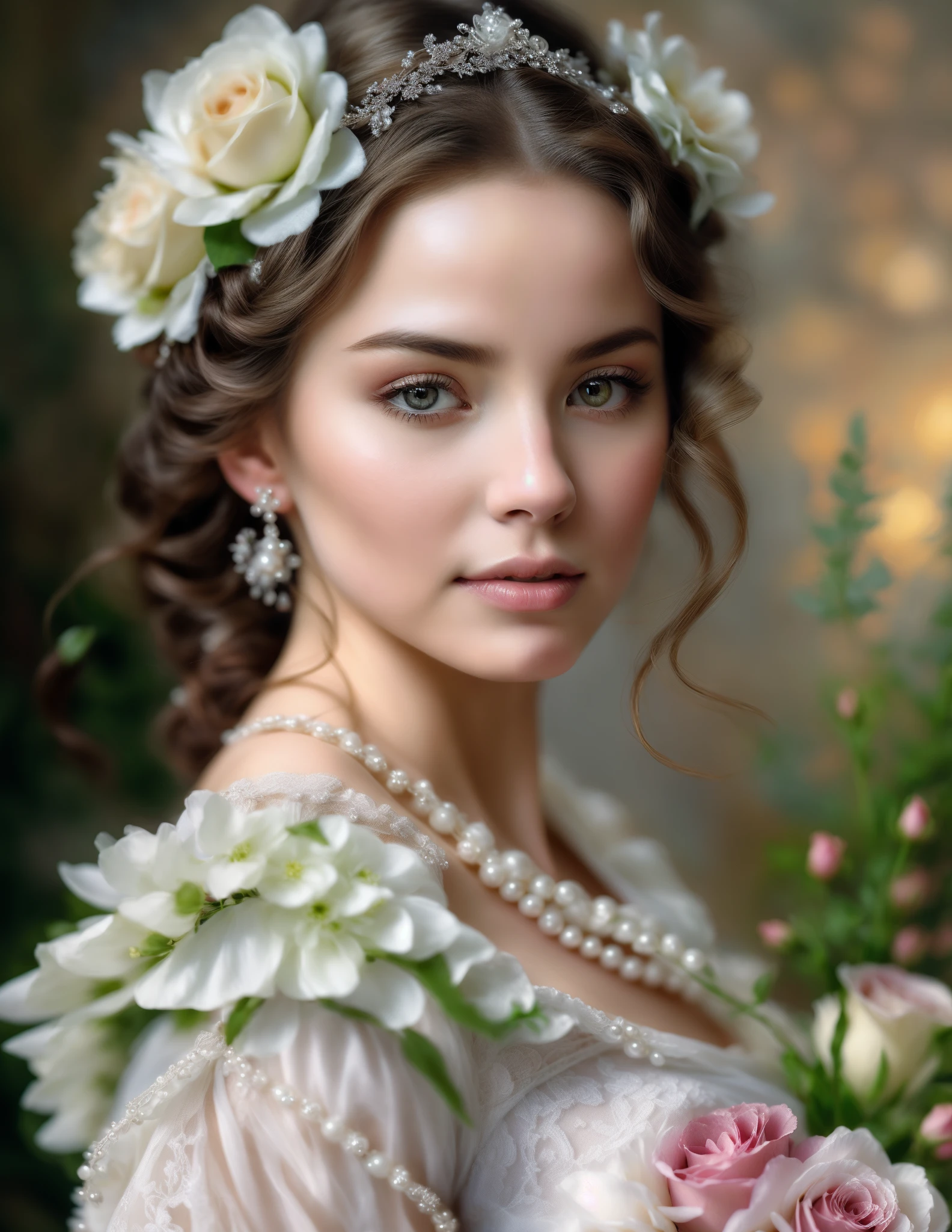 painting of a woman in a white dress with a bouquet of flowers, beautiful fantasy art portrait, beautiful fantasy portrait, elegant digital painting, portrait of a princess, beautiful portrait image, fantasy portrait art, Beautiful Maiden, fantasy art portrait, beautiful character painting, beautiful fantasy maiden, Fantasy Victorian art, detailed beauty portrait, beautiful digital artwork, detailed beautiful portrait, beautiful portrait