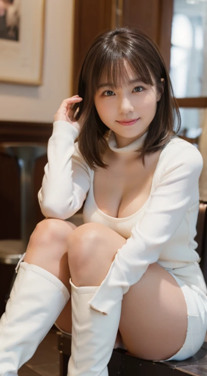 (Photorealistic), (ultra high realistic), (Ultra high definition), (ultra high detailed), (Increase contrast), (Increase saturation), ( girl、a small face、Extremely beautiful face, natural make up)(fair white skin)(sparkly eyes), innocent smiles,, a short bob、Hair hanging over the ears, (Tight black knit miniskirt dress、I can see the cleavage)(((White knee high boots))) Brown hair,((Stylish café))、((Poses that emphasize the buttocks))Beautiful valley、beutiful breast、thin-waist、big butts、(((Head-to-knee shot)))