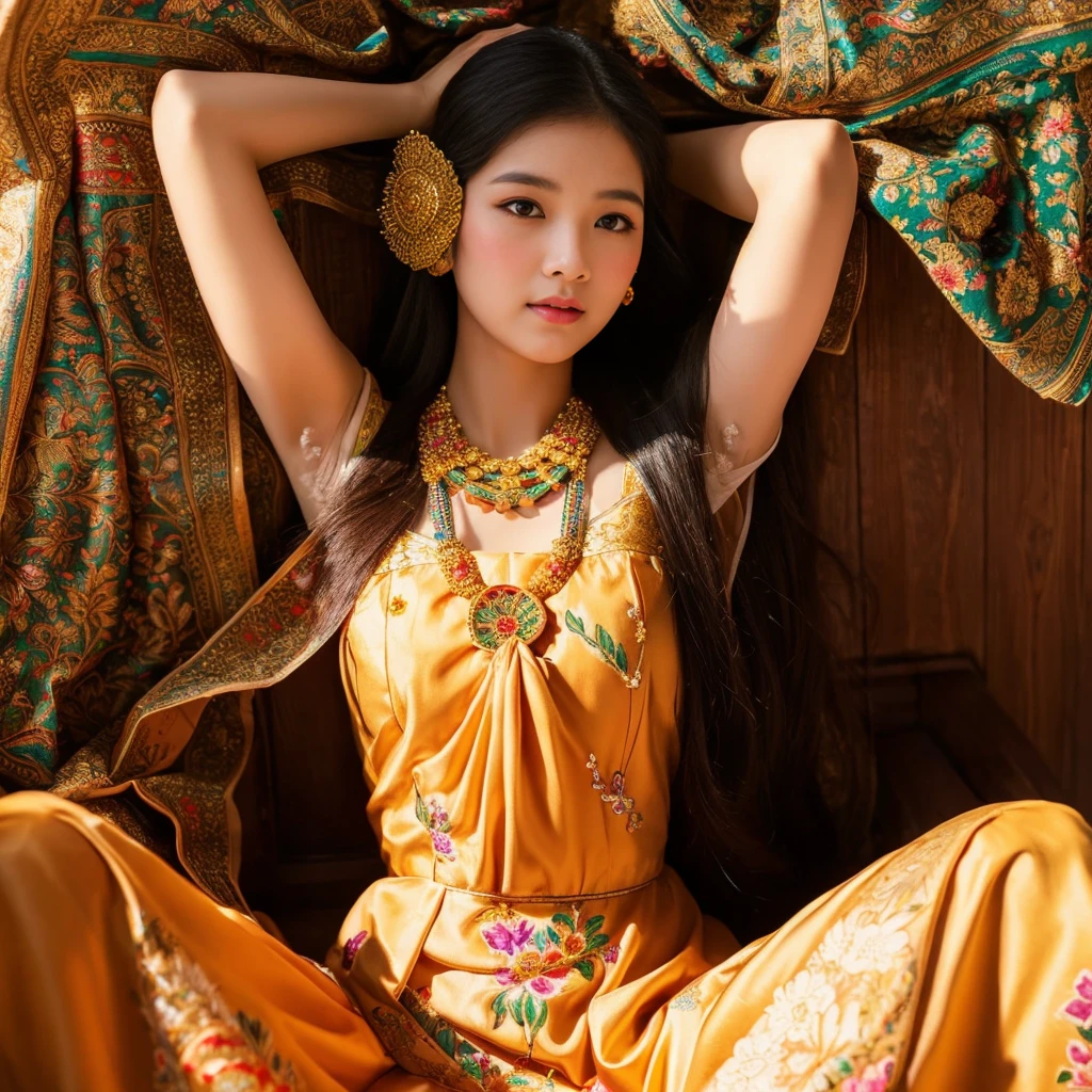 (a beautiful girl wearing a traditional Thai dress),portraits,traditional art,flowing fabric,golden accents,vibrant colors,soft lighting,up-close view,ornate patterns,floral accessories,delicate jewelry,masterpiece:1.2,ultra-detailed,realistic