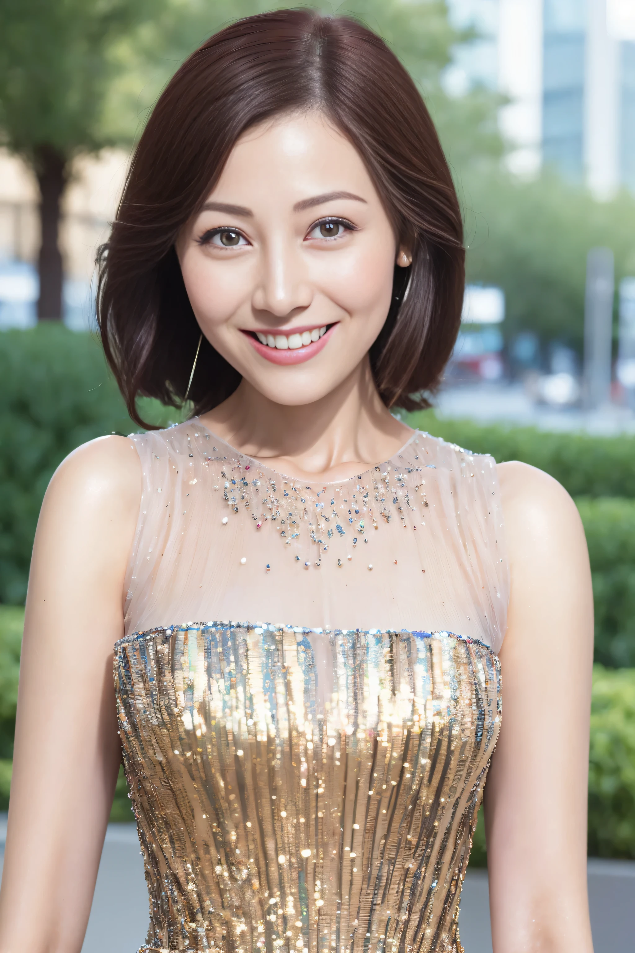 ((Best quality, 8k, Masterpiece :1.3)), 1girl, smiling, full body, slim face, Pretty woman, (Dark brown hair), full length dress :1.1, Ultra-detailed face, Detailed eyes, Double eyelid, blur background, slim face, city, outside, street,