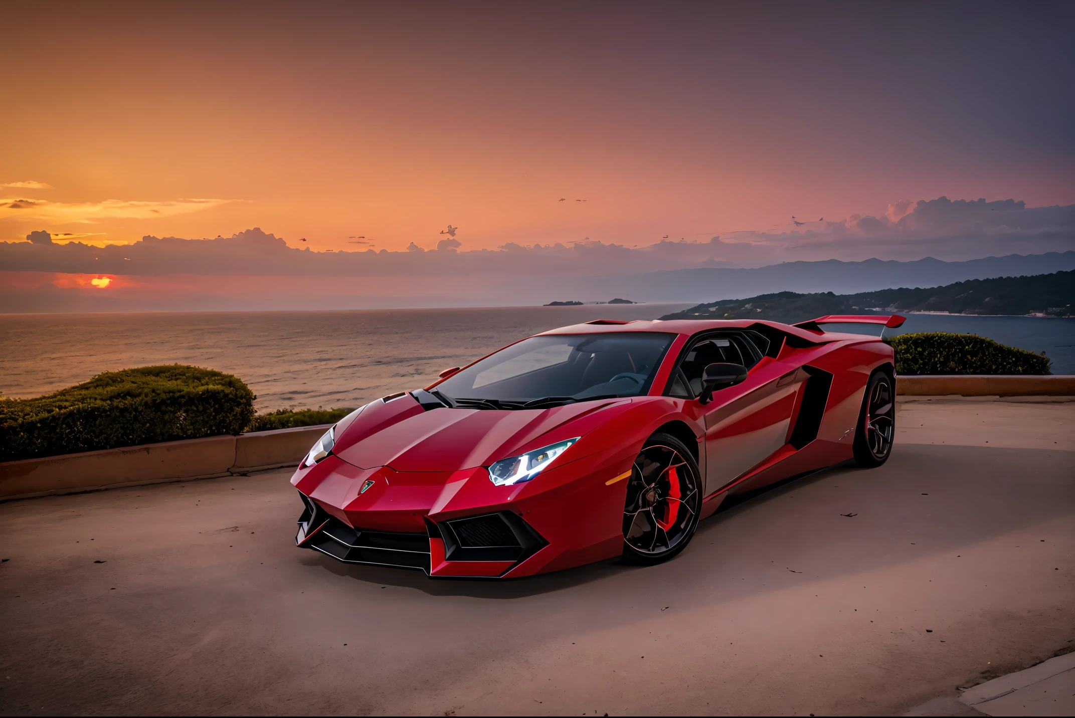 Photo of a bright red Lamborghini Aventador　detail portrayal　Realistic and three-dimensional　ultra-quality　The ultra -The high-definition　Bright red sunset　A town with a view of the sea in the distance　Very beautiful scenery　Shooting from the side