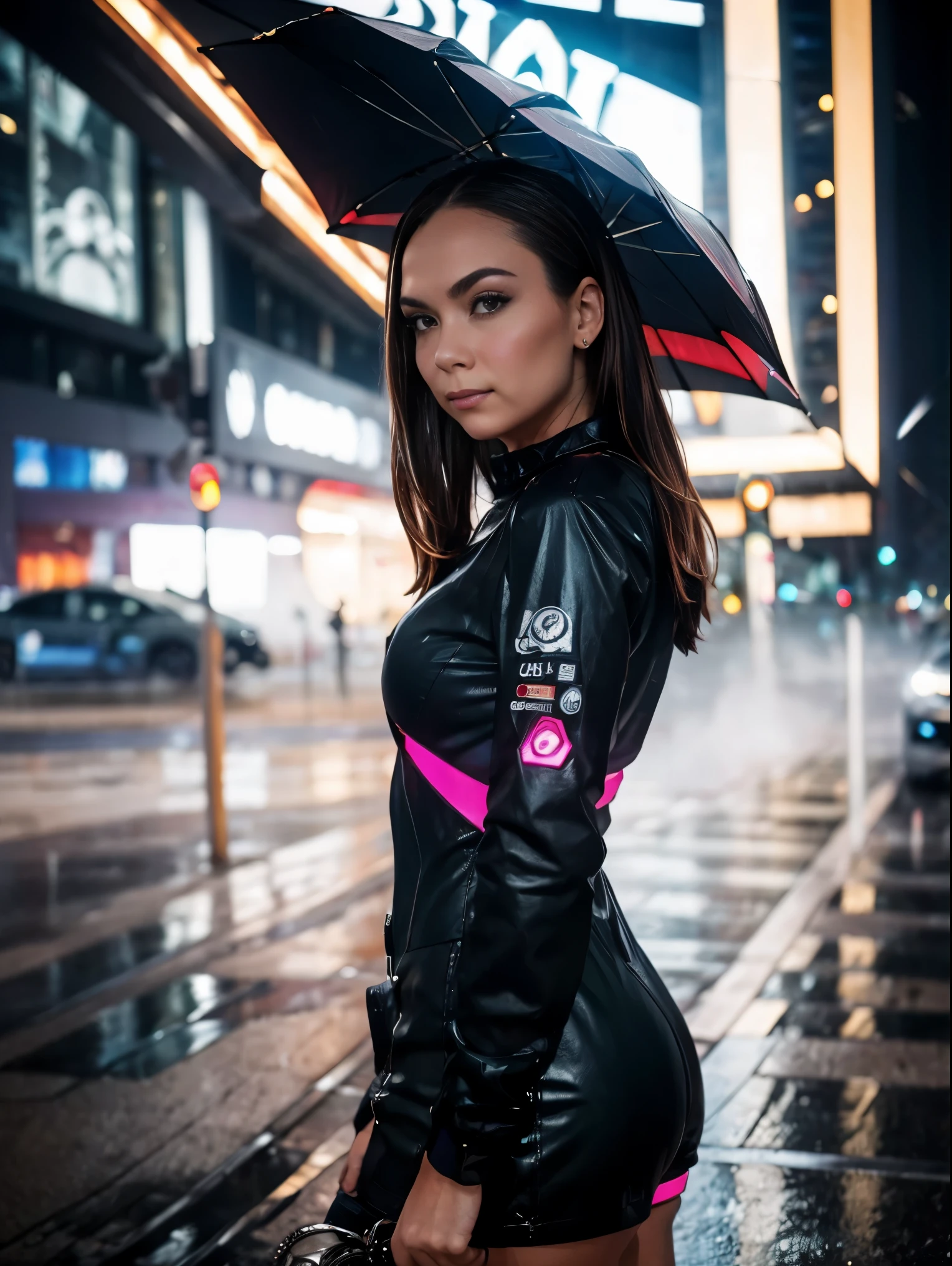 medium body shot, looking at viewer, cyberpunk, neon lights, mechanical suit, artificial arms, rainy, at night rainy with mist and fog, wet, soft colors, masterpiece, high quality, (high detailed skin:1.1)