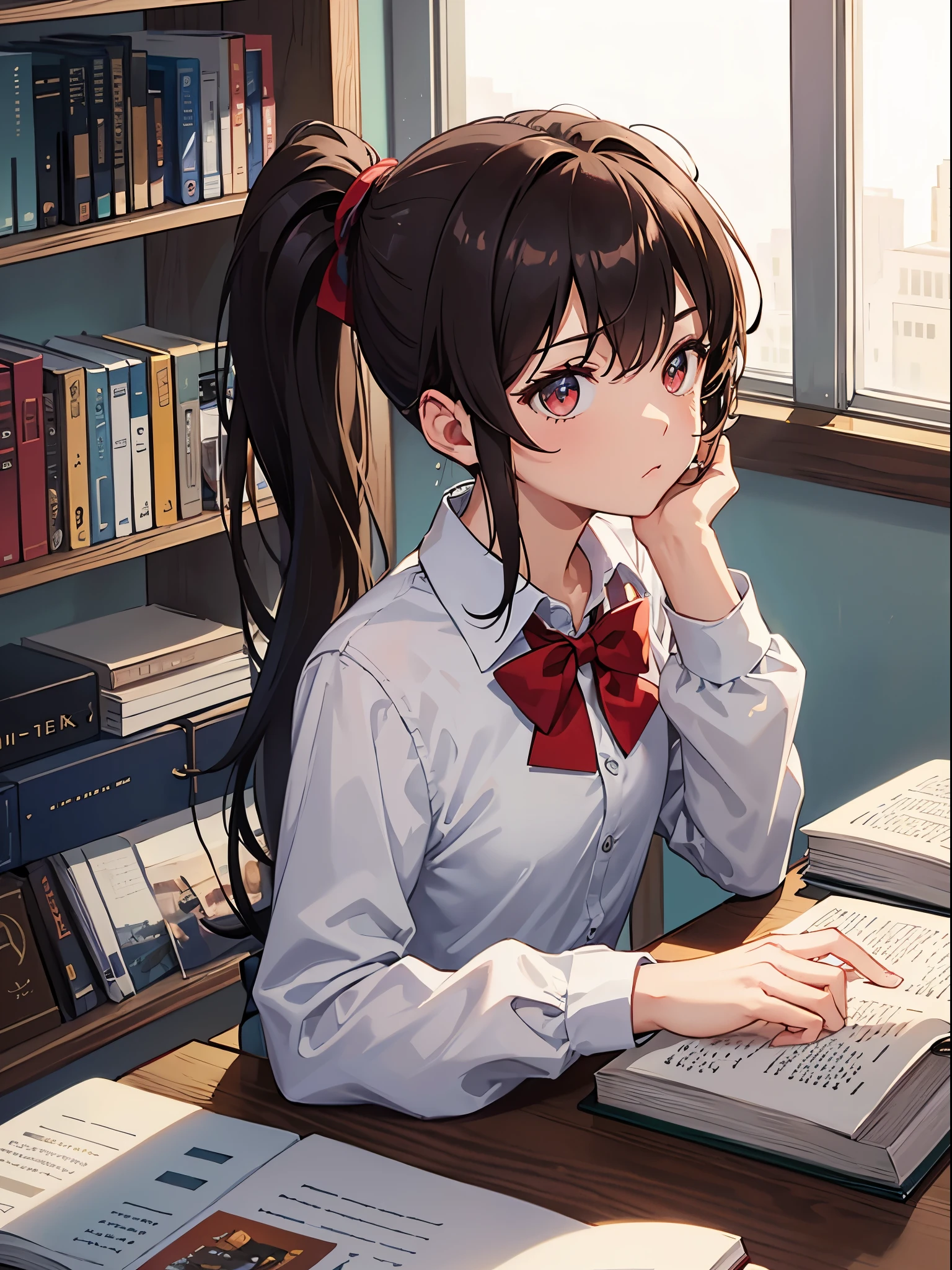 Upper body perspective,solo person,sideface,looking at book,((high ponytails)),Single ponytail,brunette color hair,red color eyes,school uniform,blue bowtie,Holding a book in his left hand,Turn the book with your right hand,Right lens