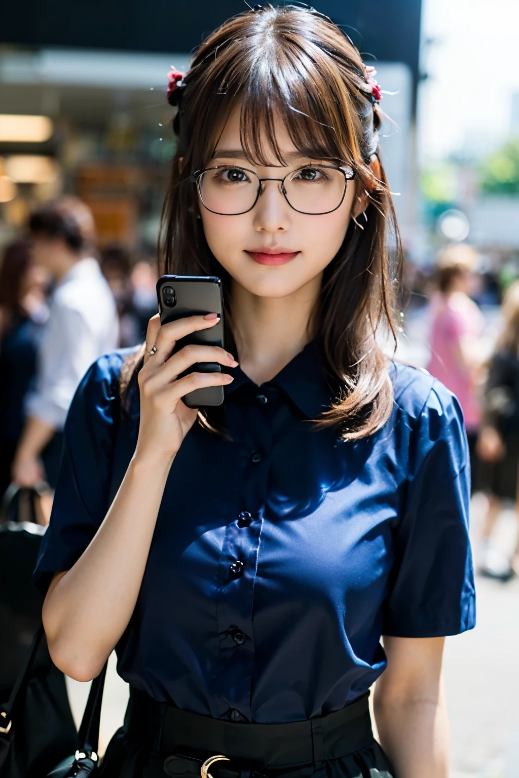 (8K、Raw photography、top-quality、masterpiece:1.2)、(realisitic、Photorealsitic:1.37)、ultra-detailliert、超A high resolution、女の子1人、see the beholder、beautifull detailed face、A smile、Constriction、(Slim waist) :1.3)、((Blue shirt clotheeautiful detailed skin、Skin Texture、Floating hair、((Hair bunched into one))、large breasts with good shape、Professional Lighting、In front of the station at noon、((Black square glasses))、Whole human body、Brown hair、((Holding your phone on the phone))、