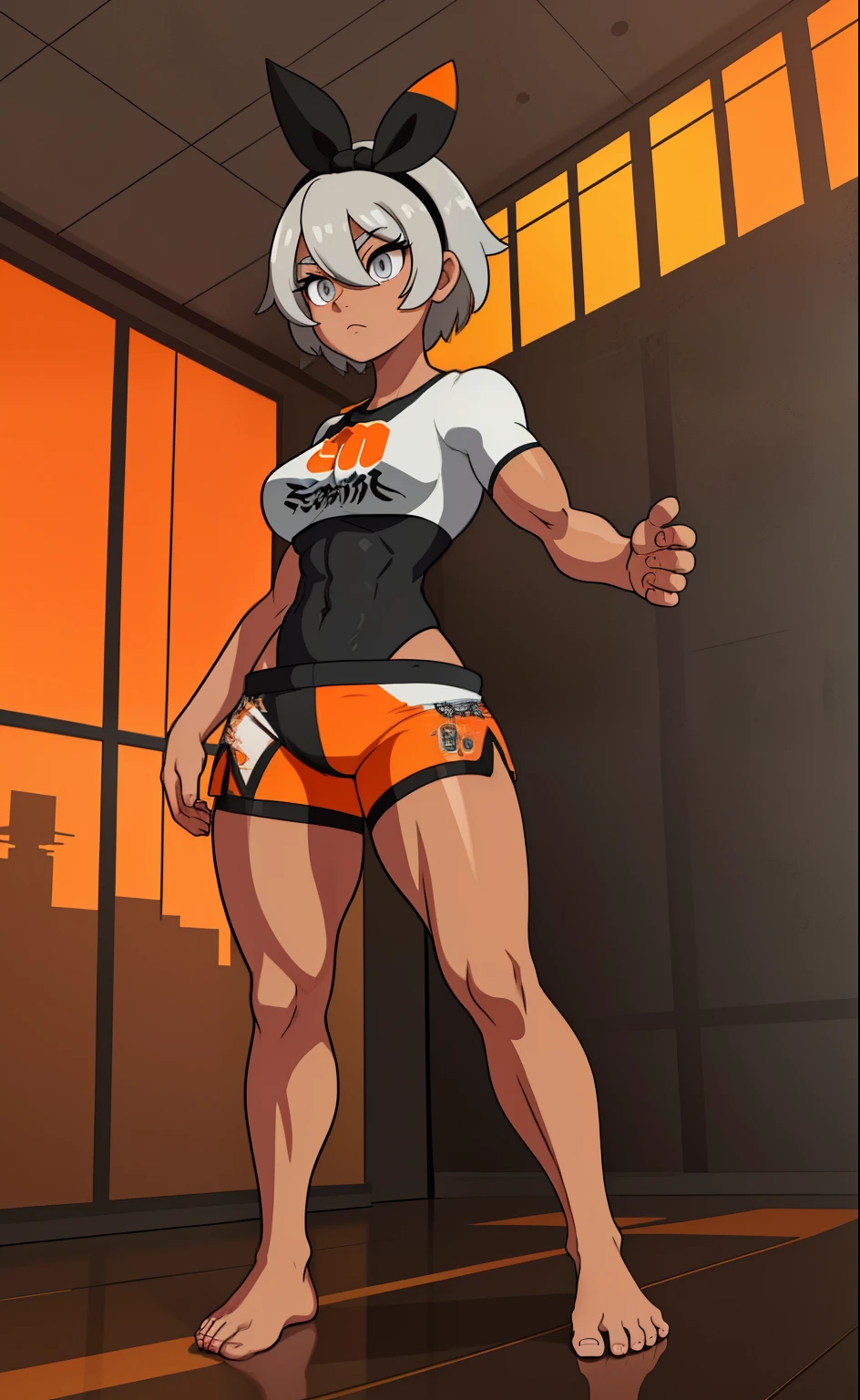 [bea], [pokemon], [uploaded to e621.net; (napalm_express)], ((masterpiece)), ((HD)), ((high res)), ((solo portrait)), ((full body)), ((front view)), ((feet visible)), ((detailed shading)), ((beautiful render art)), ((intricate details)), {anime girl; (dark-toned skin), (cute grey eyes), (short eyelashes), short white hair, (curvy hips), (defined muscles), (beautiful muscular legs), (beautiful feet), (expressionless)}, {(white shirt), (midriff), (bodysuit under clothes), (orange print shorts), (black hairband)}, {(standing), (looking in the distance)}, [background; (open room), (gym), (ceiling lights), (sun rays), (pink and orange sky)]